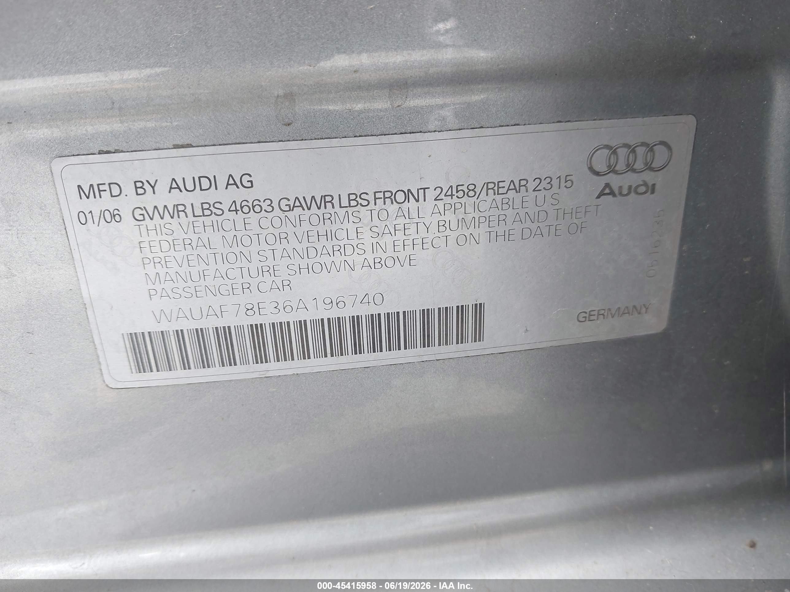 2006 Audi A4 2.0t Silver vin: WAUAF78E36A196740