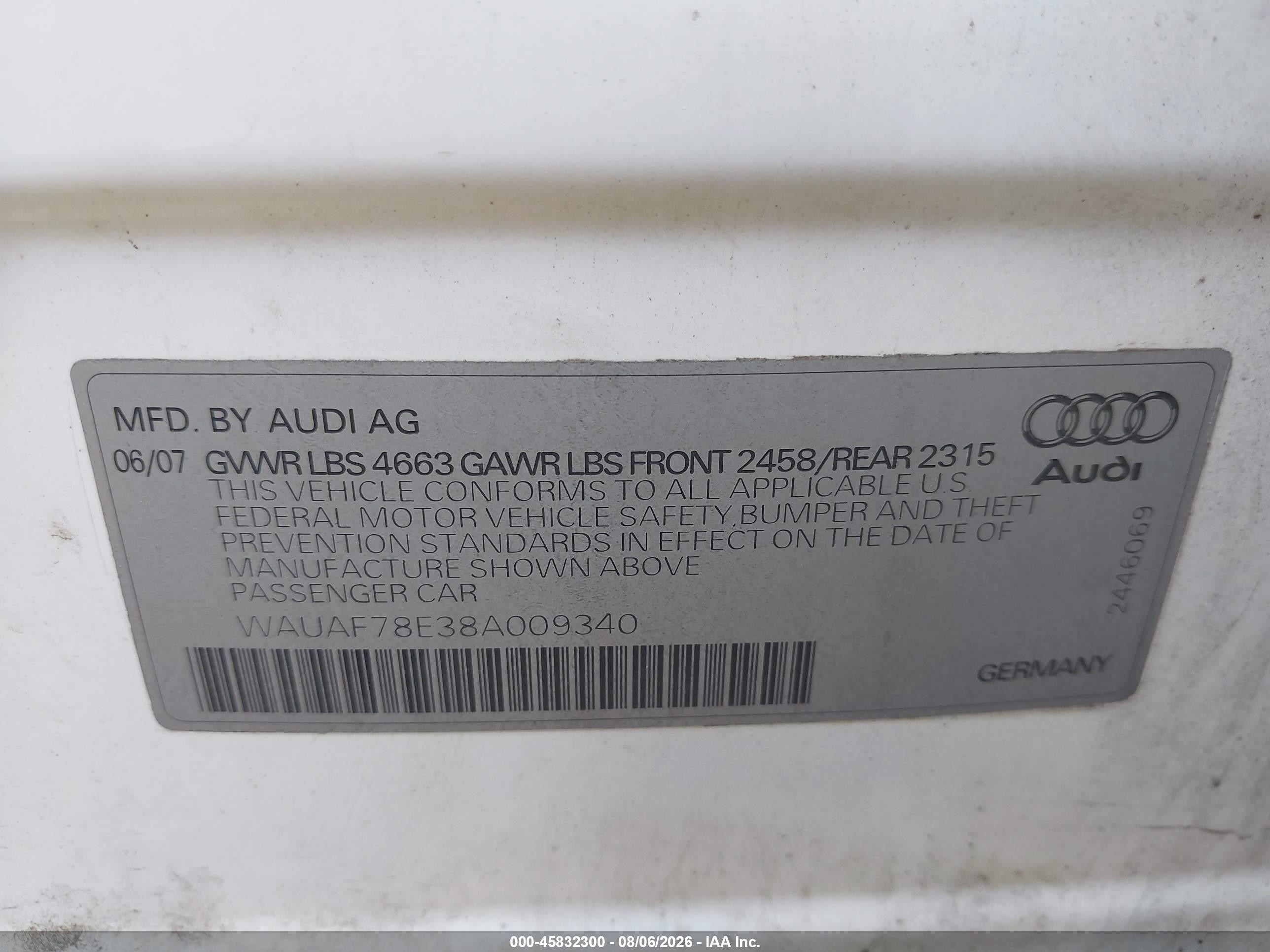 2008 Audi A4 2.0t White vin: WAUAF78E38A009340