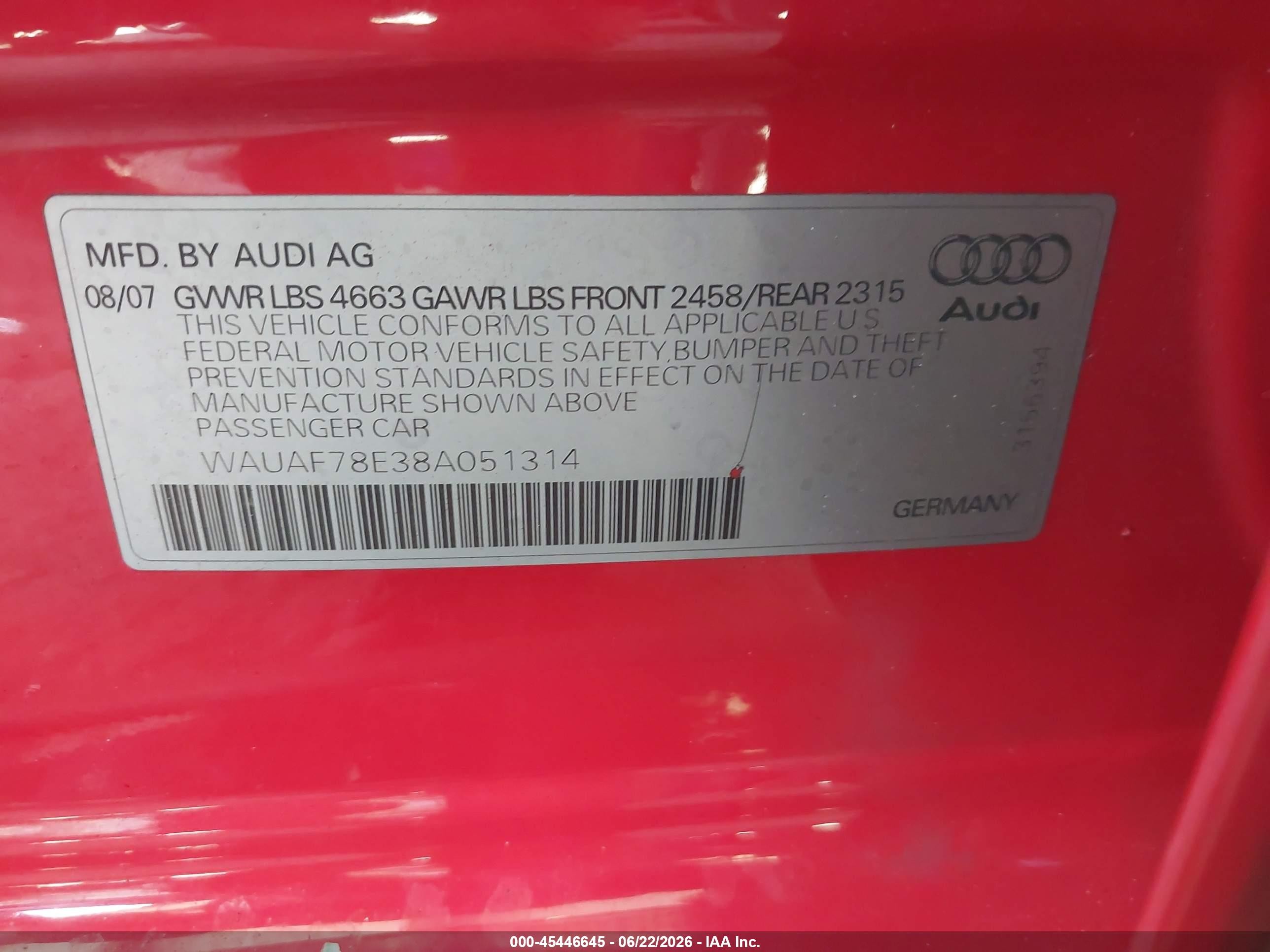 2008 Audi A4 Red vin: WAUAF78E38A051314