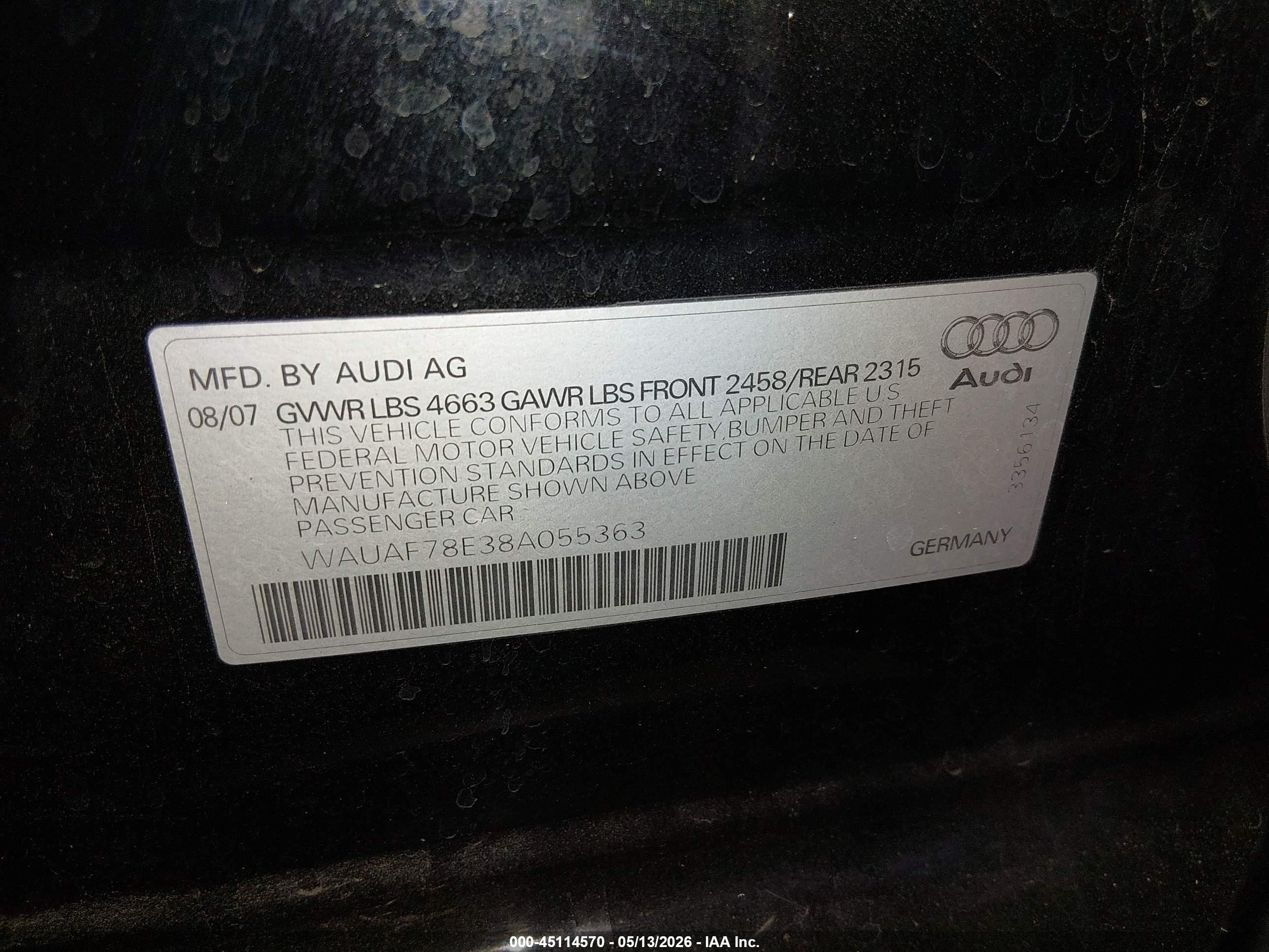 2008 Audi A4 2.0t Черный vin: WAUAF78E38A055363