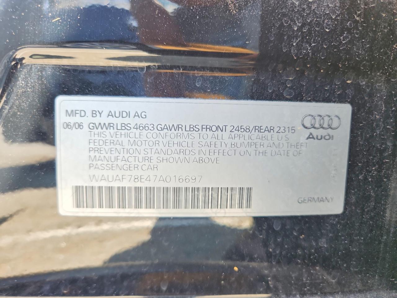 2007 Audi A4 2 Black vin: WAUAF78E47A016697