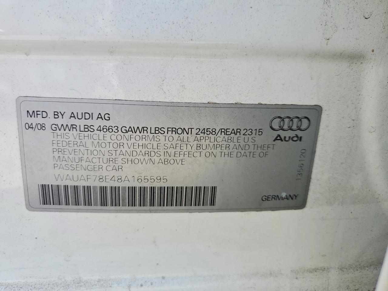 2008 Audi A4 2.0t White vin: WAUAF78E48A165595
