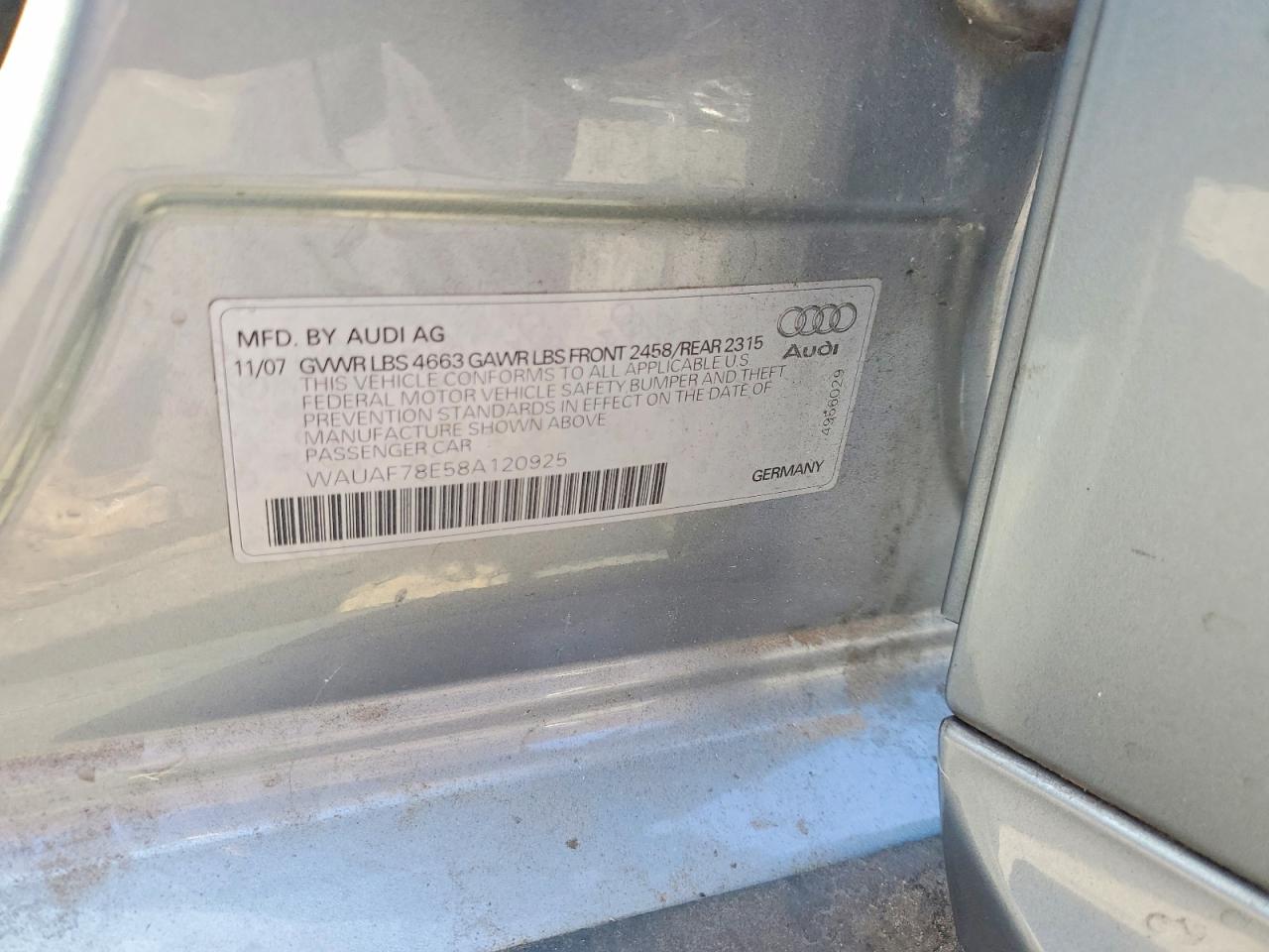 2008 Audi A4 2.0t Silver vin: WAUAF78E58A120925