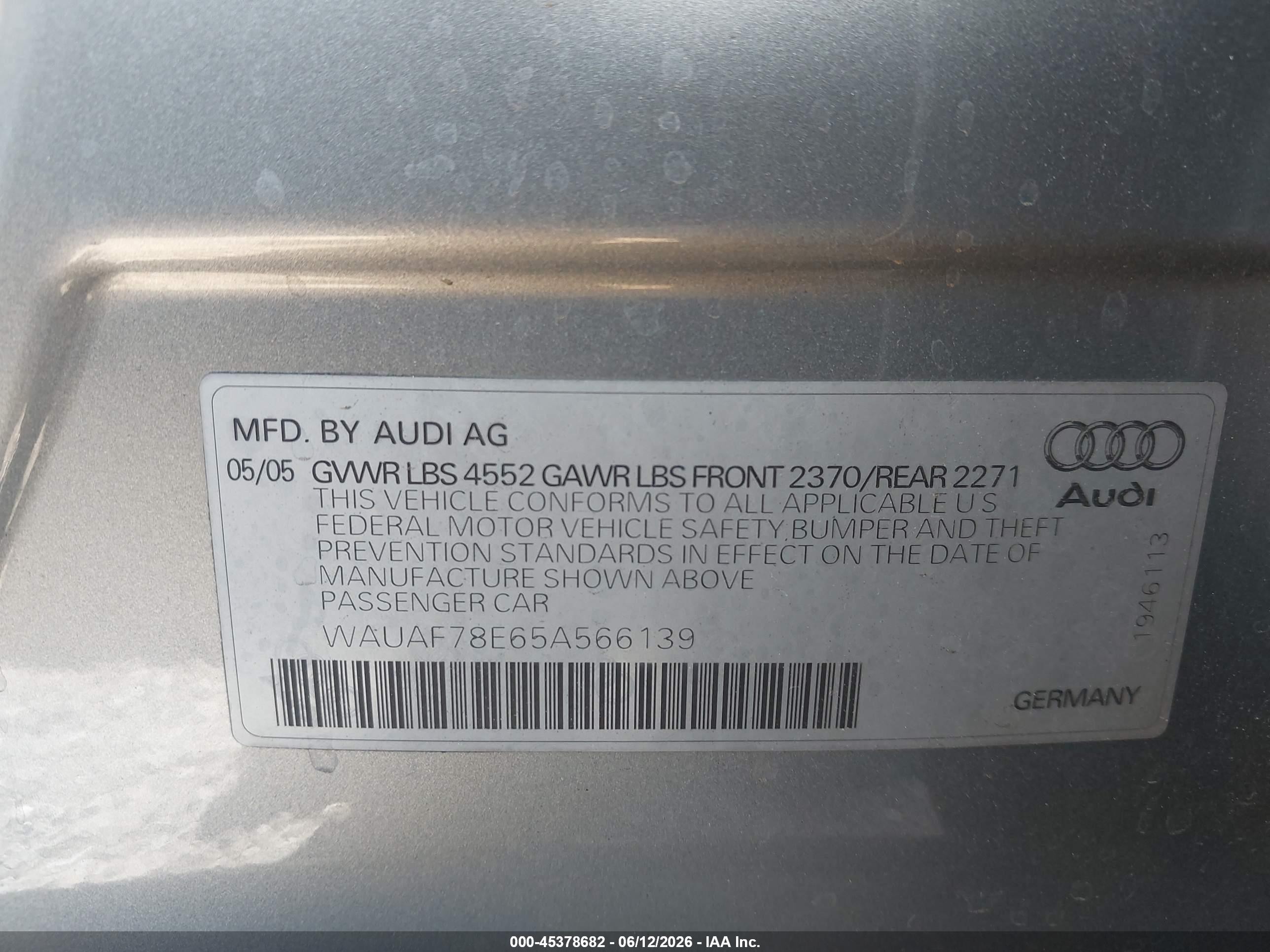 2005 Audi A4 2.0t Light Blue vin: WAUAF78E65A566139