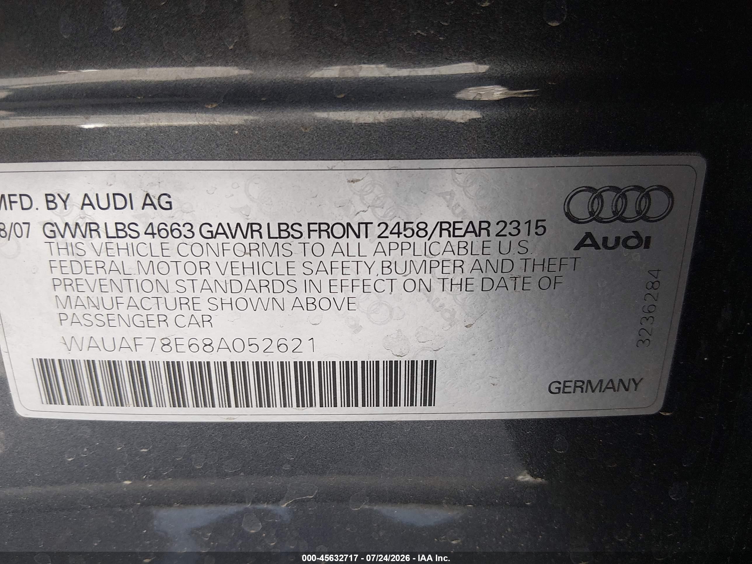 2008 Audi A4 2.0t Gray vin: WAUAF78E68A052621