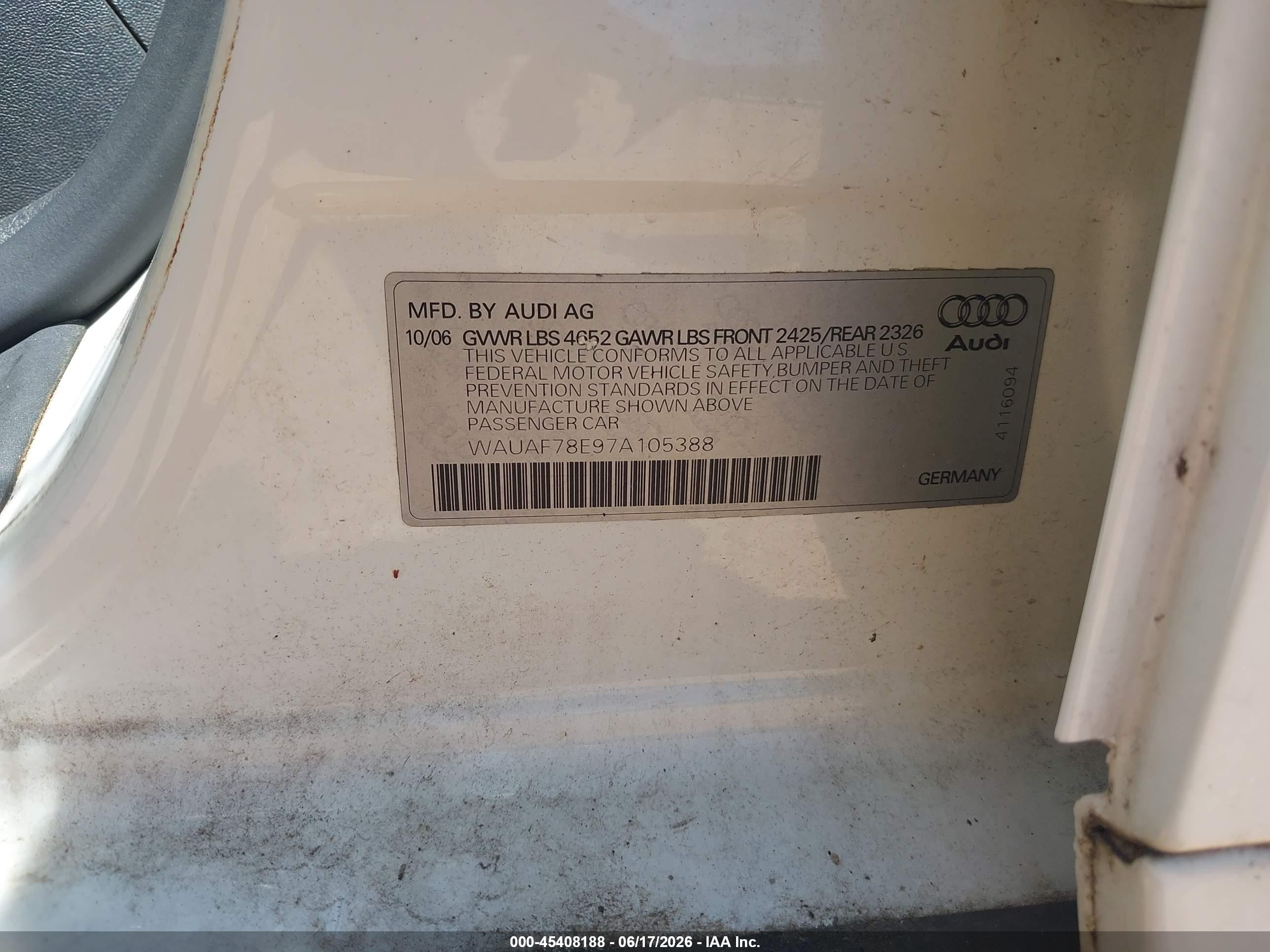 2007 Audi A4 2.0t White vin: WAUAF78E97A105388