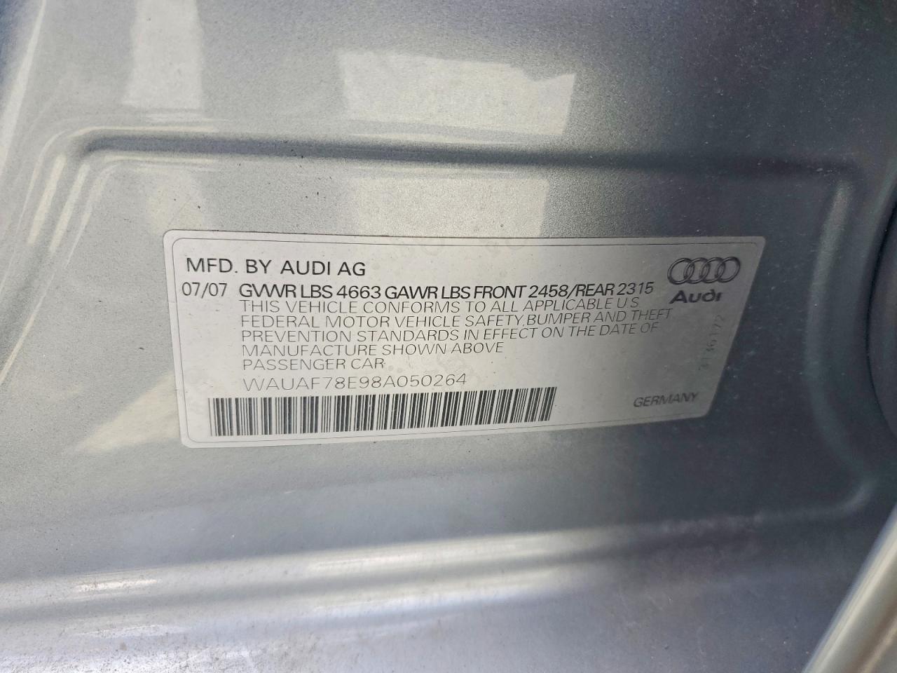 2008 Audi A4 Gray vin: WAUAF78E98A050264