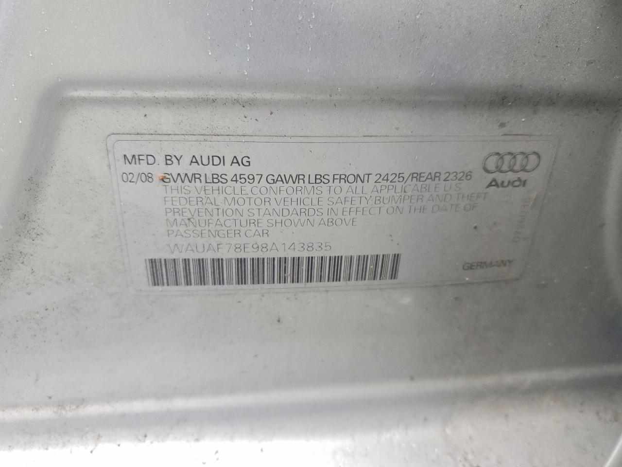 2008 Audi A4 2.0t Silver vin: WAUAF78E98A143835