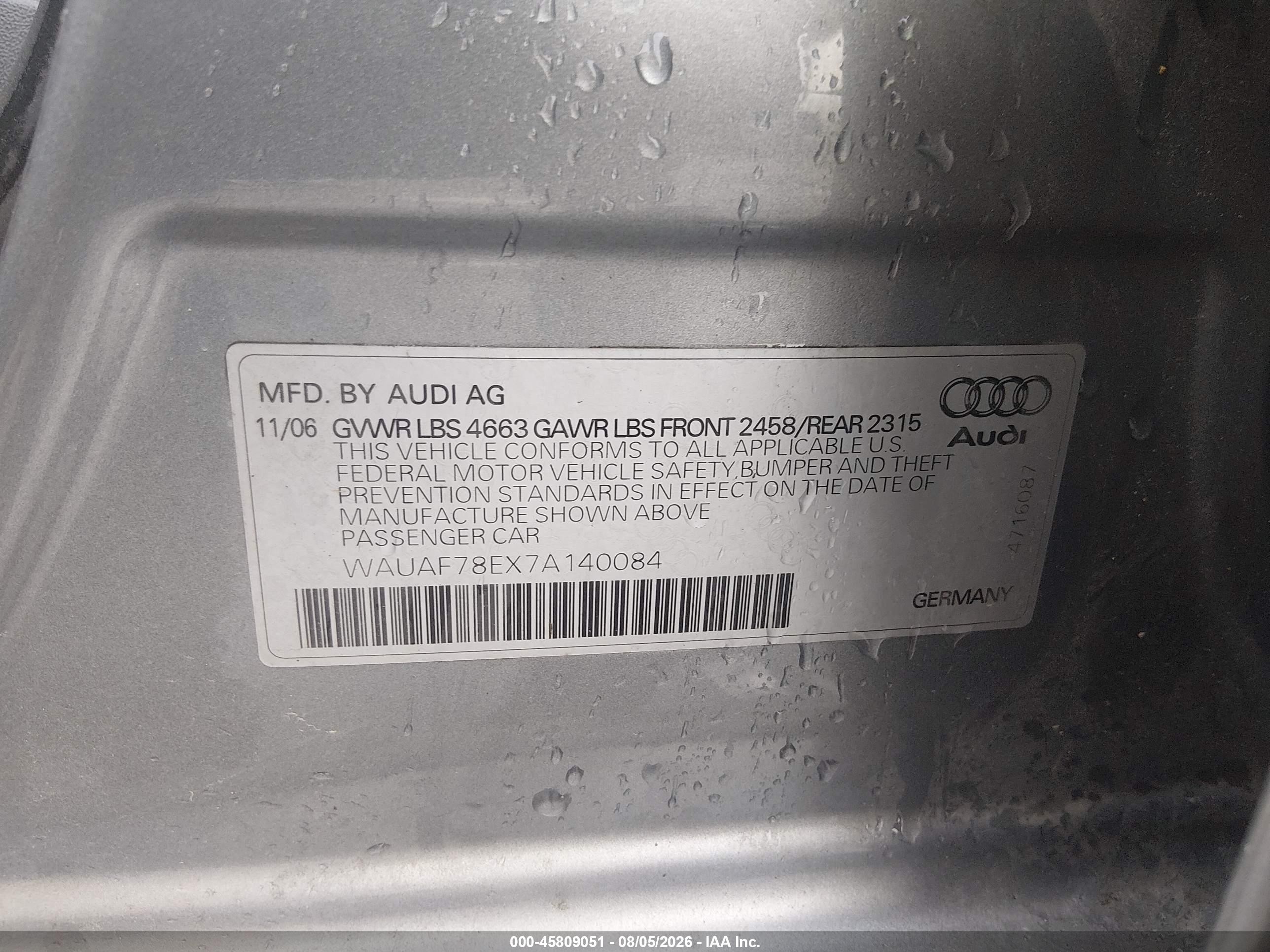 2007 Audi A4 2.0t Серый vin: WAUAF78EX7A140084