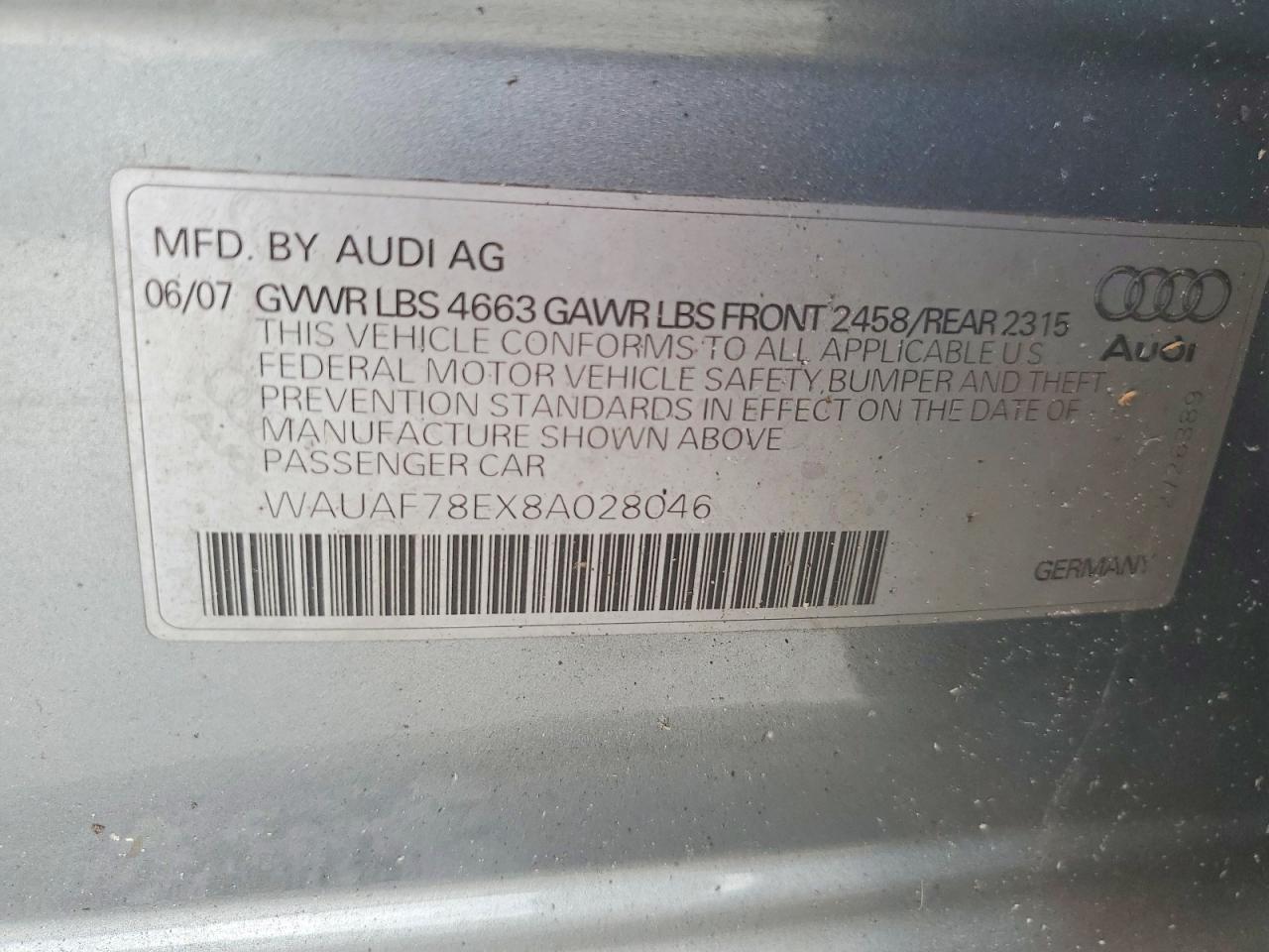 2008 Audi A4 2.0t Gray vin: WAUAF78EX8A028046