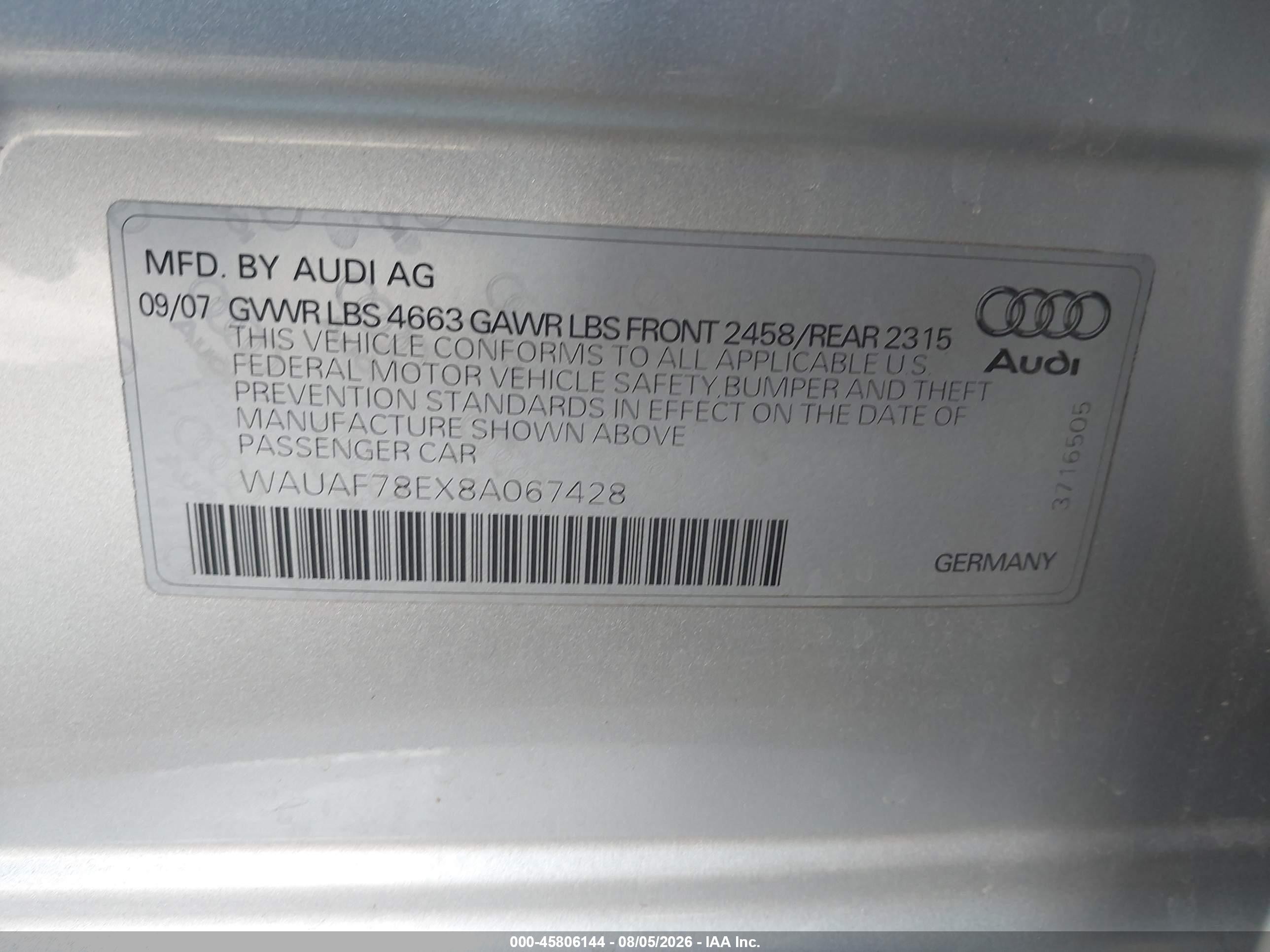 2008 Audi A4 2.0t Silver vin: WAUAF78EX8A067428