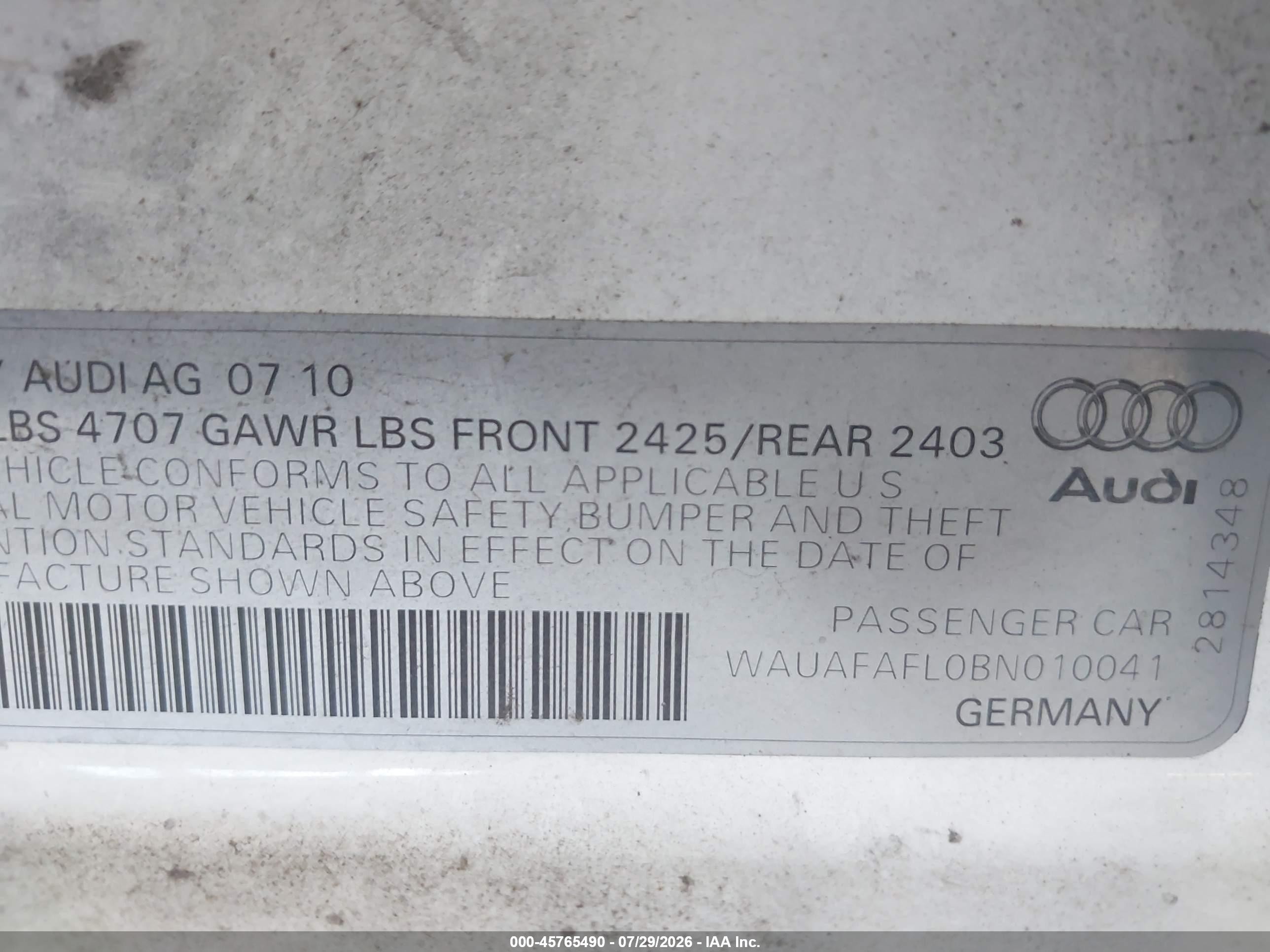 2011 Audi A4 2.0t Premium White vin: WAUAFAFL0BN010041