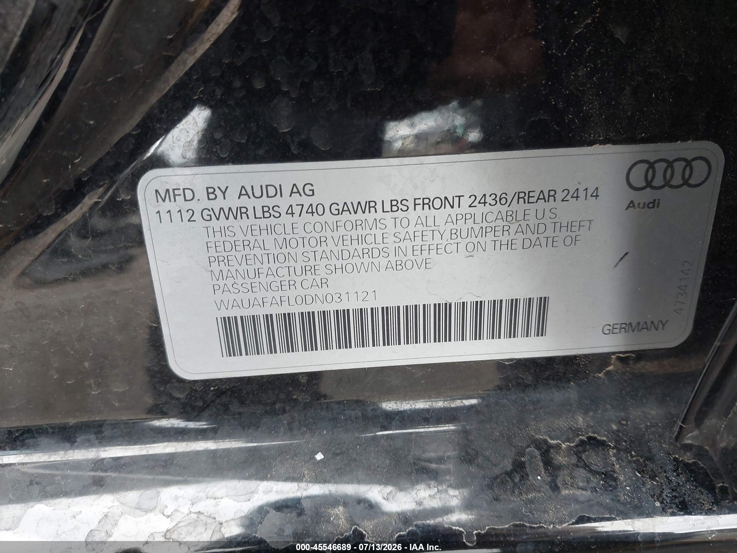 2013 Audi A4 2.0t Premium Black vin: WAUAFAFL0DN031121