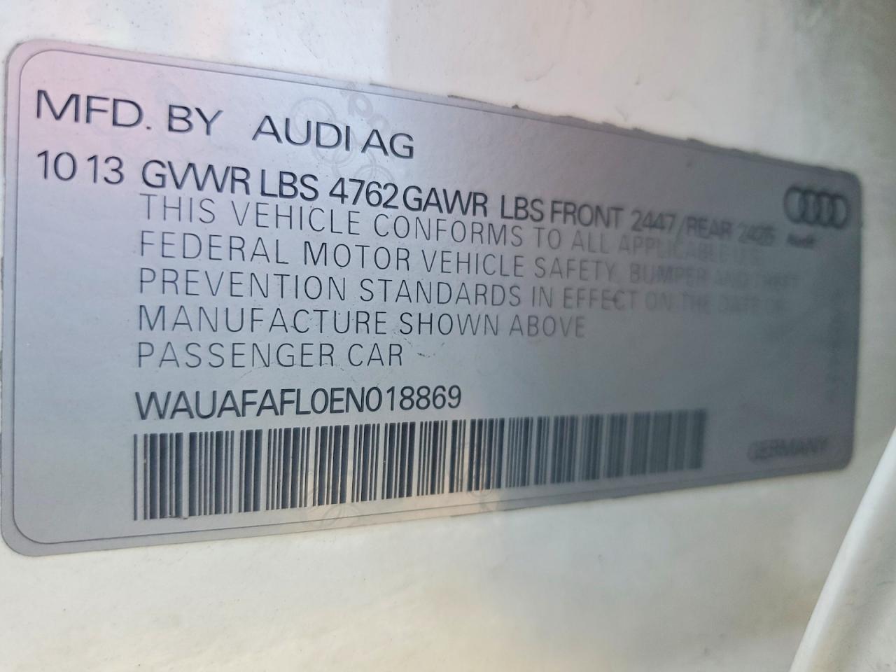 2014 Audi A4 Premium White vin: WAUAFAFL0EN018869