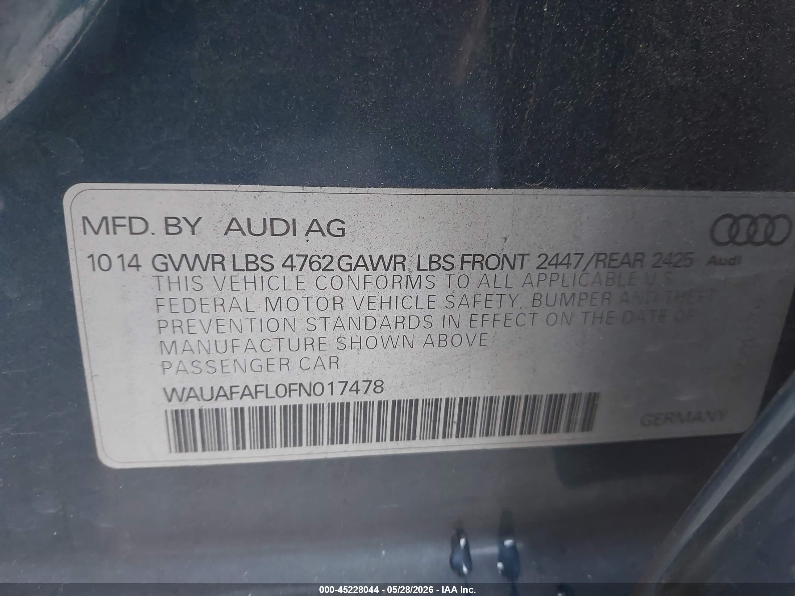 2015 Audi A4 2.0t Premium Blue vin: WAUAFAFL0FN017478
