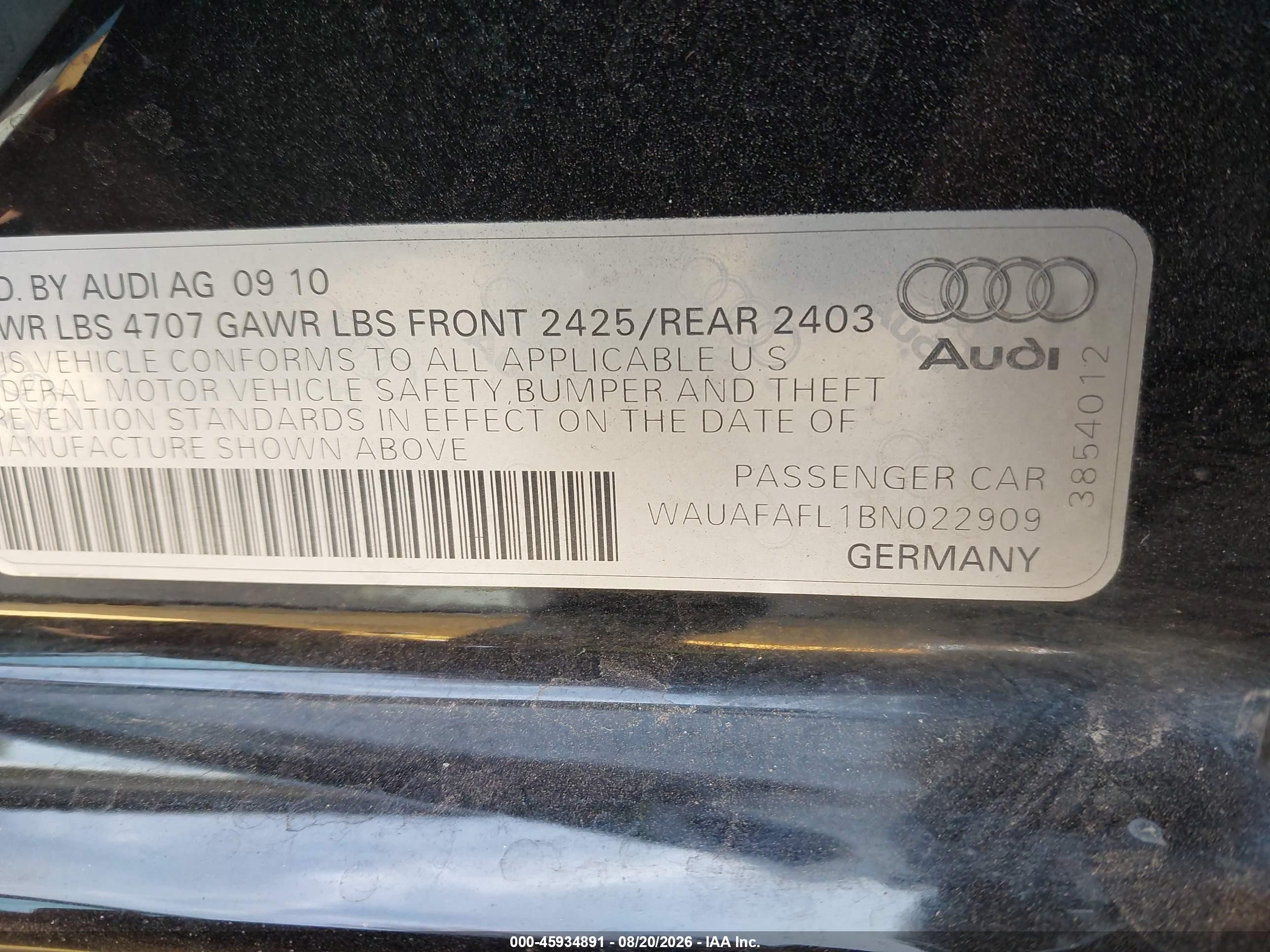 2011 Audi A4 2.0t Premium Black vin: WAUAFAFL1BN022909