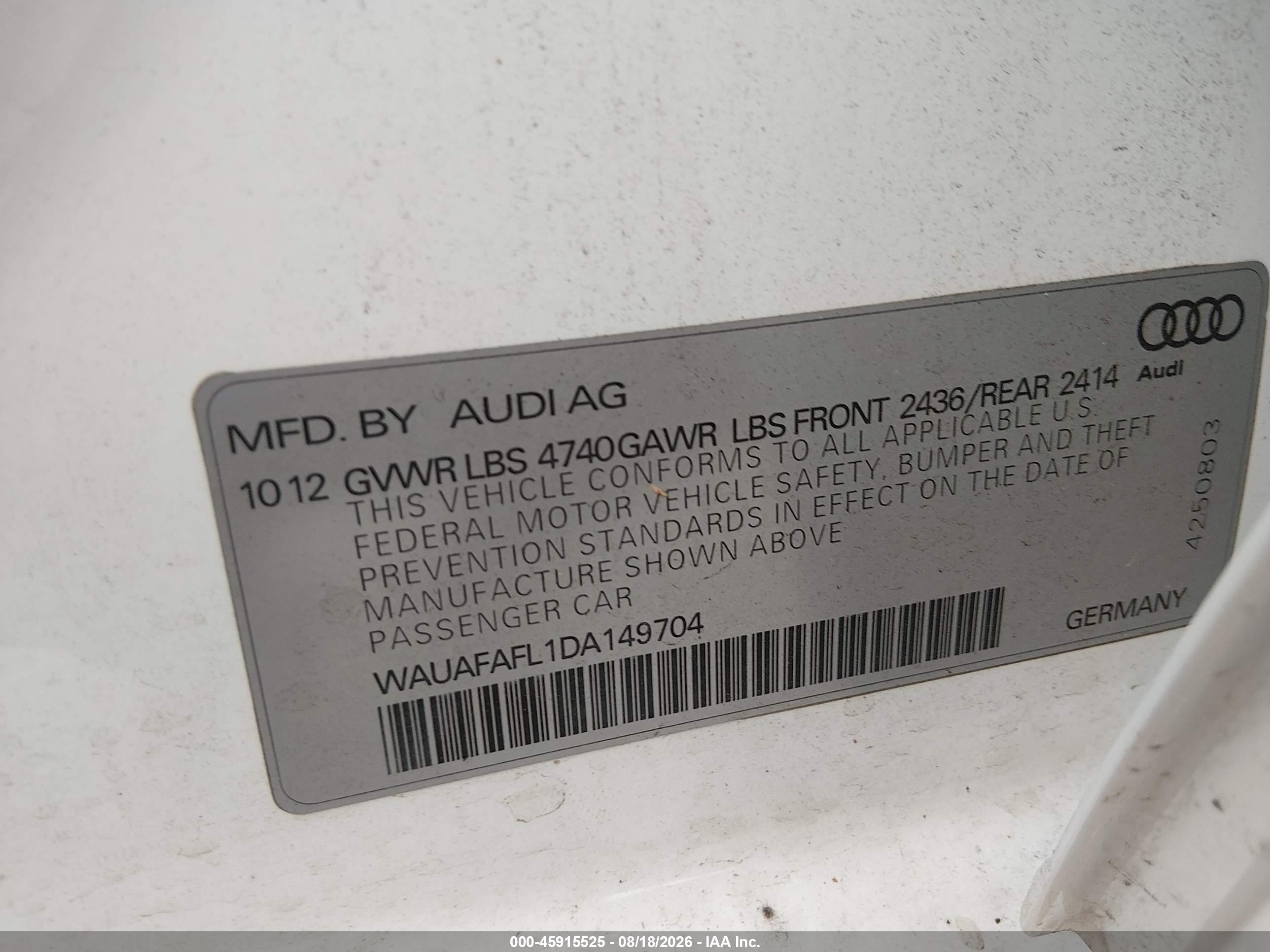 2013 Audi A4 2.0t Premium White vin: WAUAFAFL1DA149704