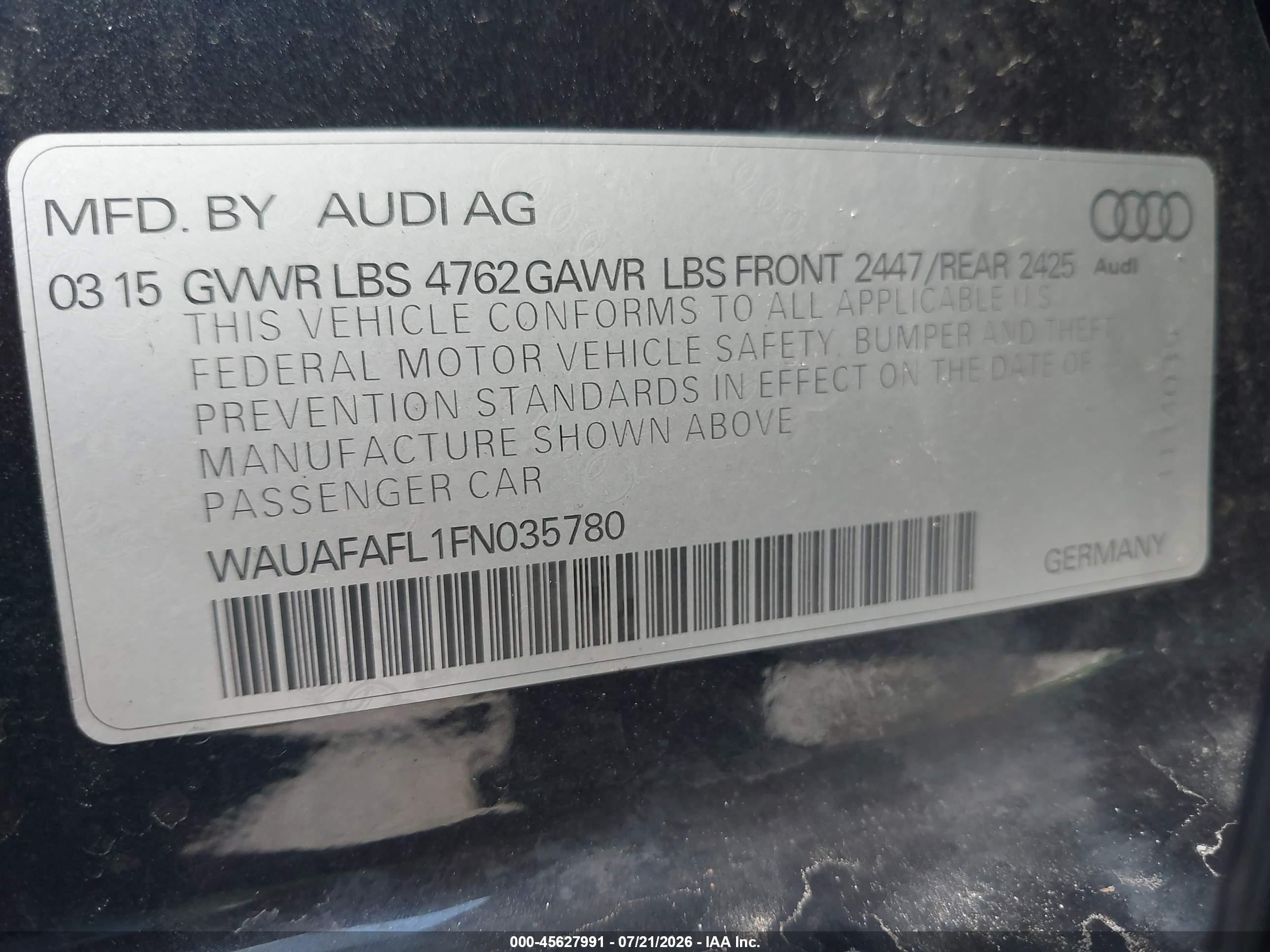 2015 Audi A4 2.0t Premium Blue vin: WAUAFAFL1FN035780