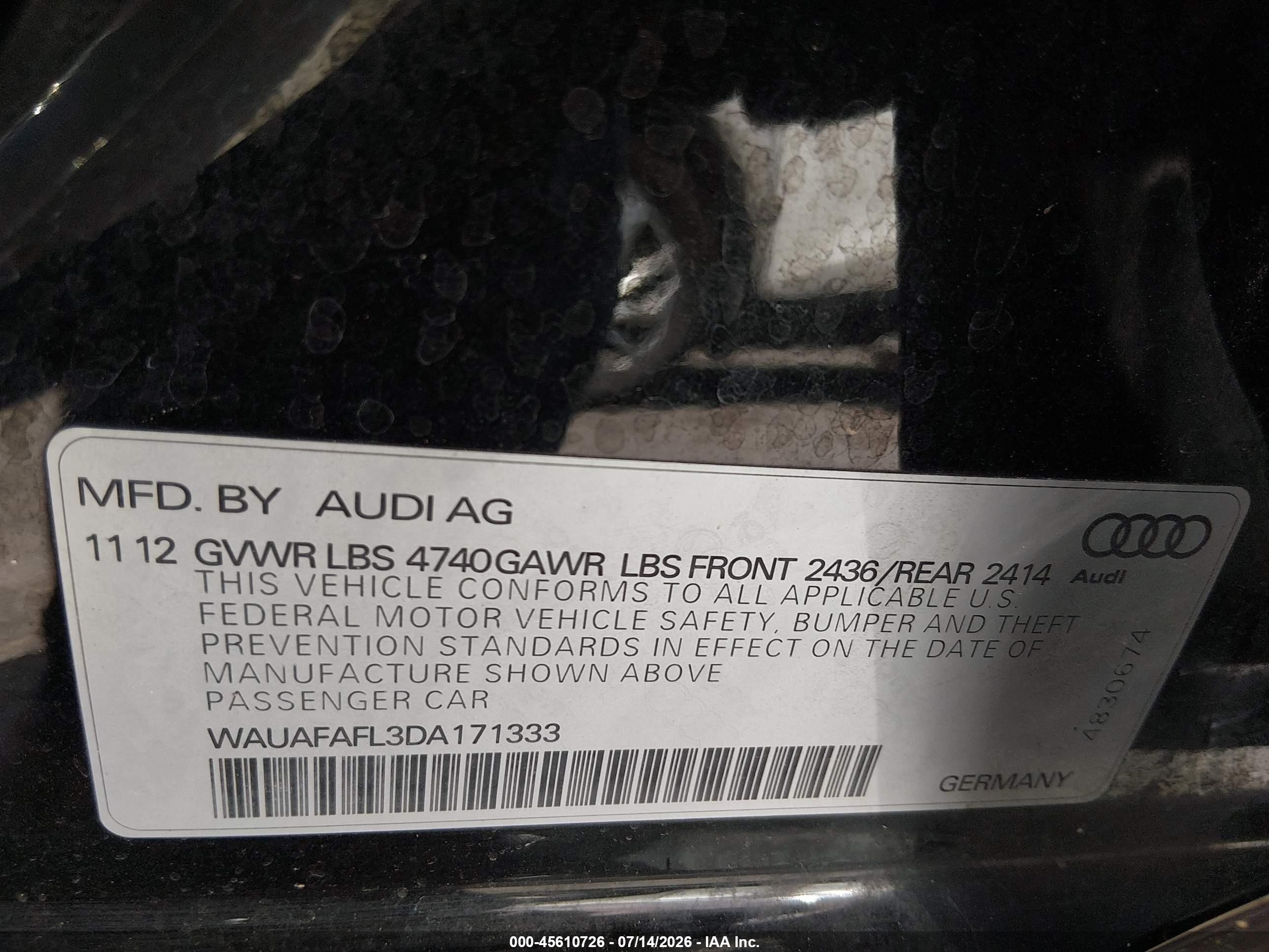 2013 Audi A4 2.0t Premium Black vin: WAUAFAFL3DA171333