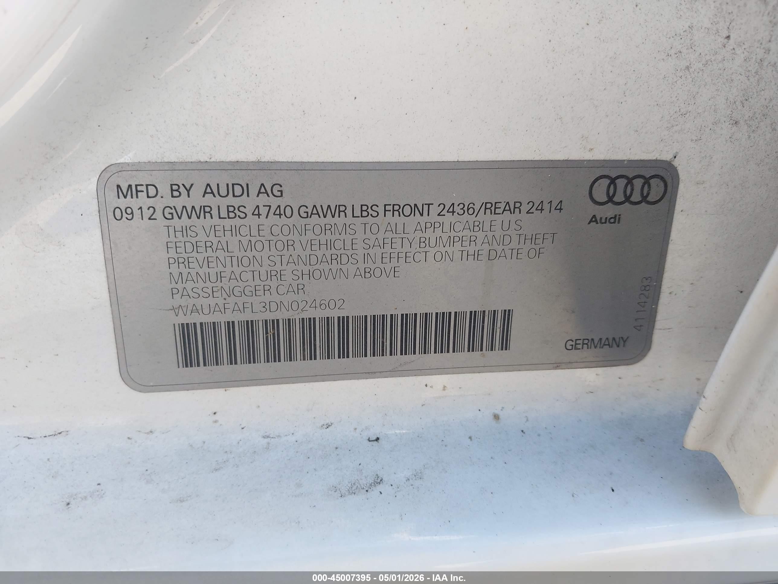 2013 Audi A4 2.0t Premium White vin: WAUAFAFL3DN024602