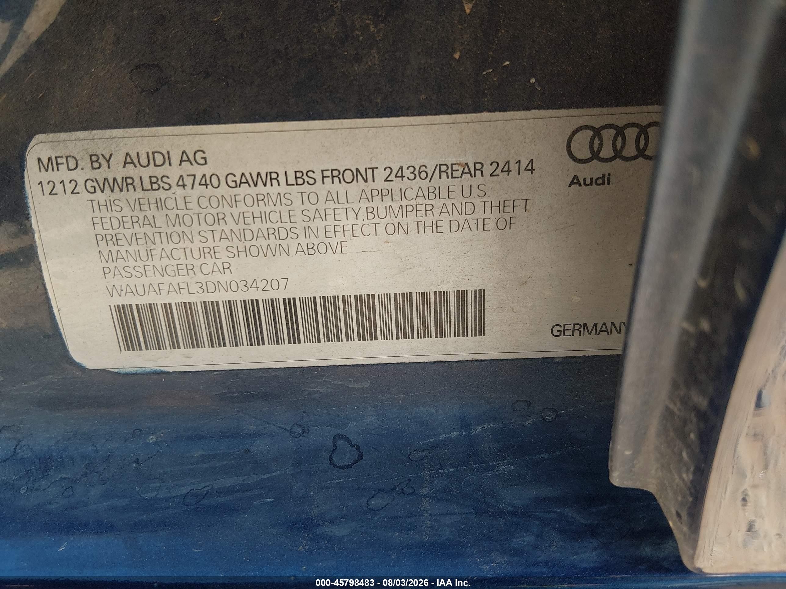 2013 Audi A4 2.0t Premium Blue vin: WAUAFAFL3DN034207
