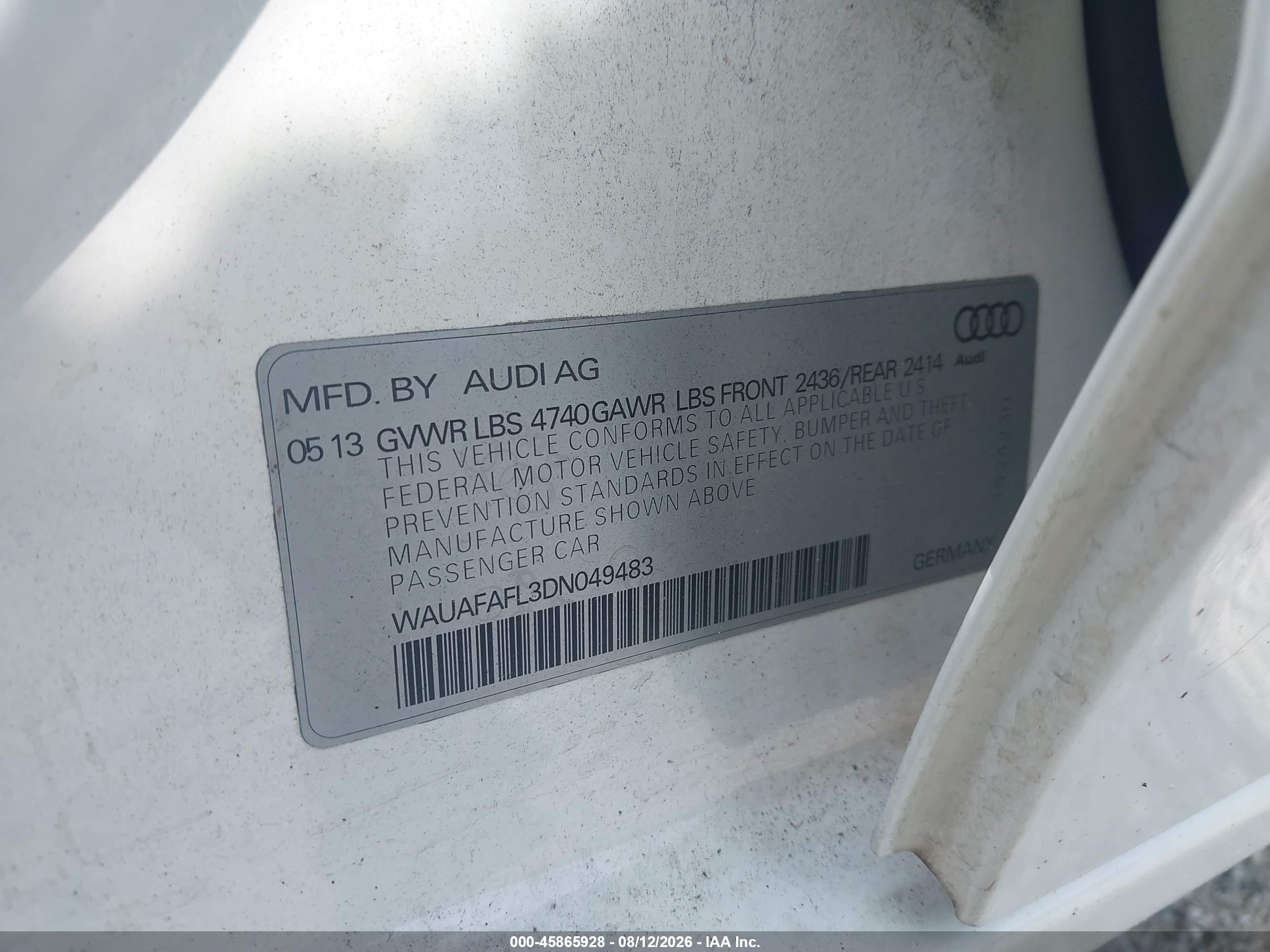 2013 Audi A4 2.0t Premium White vin: WAUAFAFL3DN049483