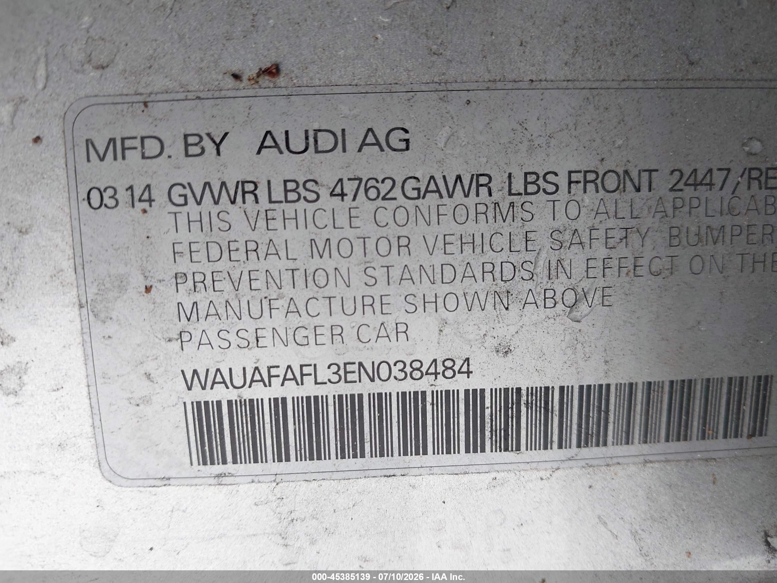 2014 Audi A4 2.0t Premium Silver vin: WAUAFAFL3EN038484