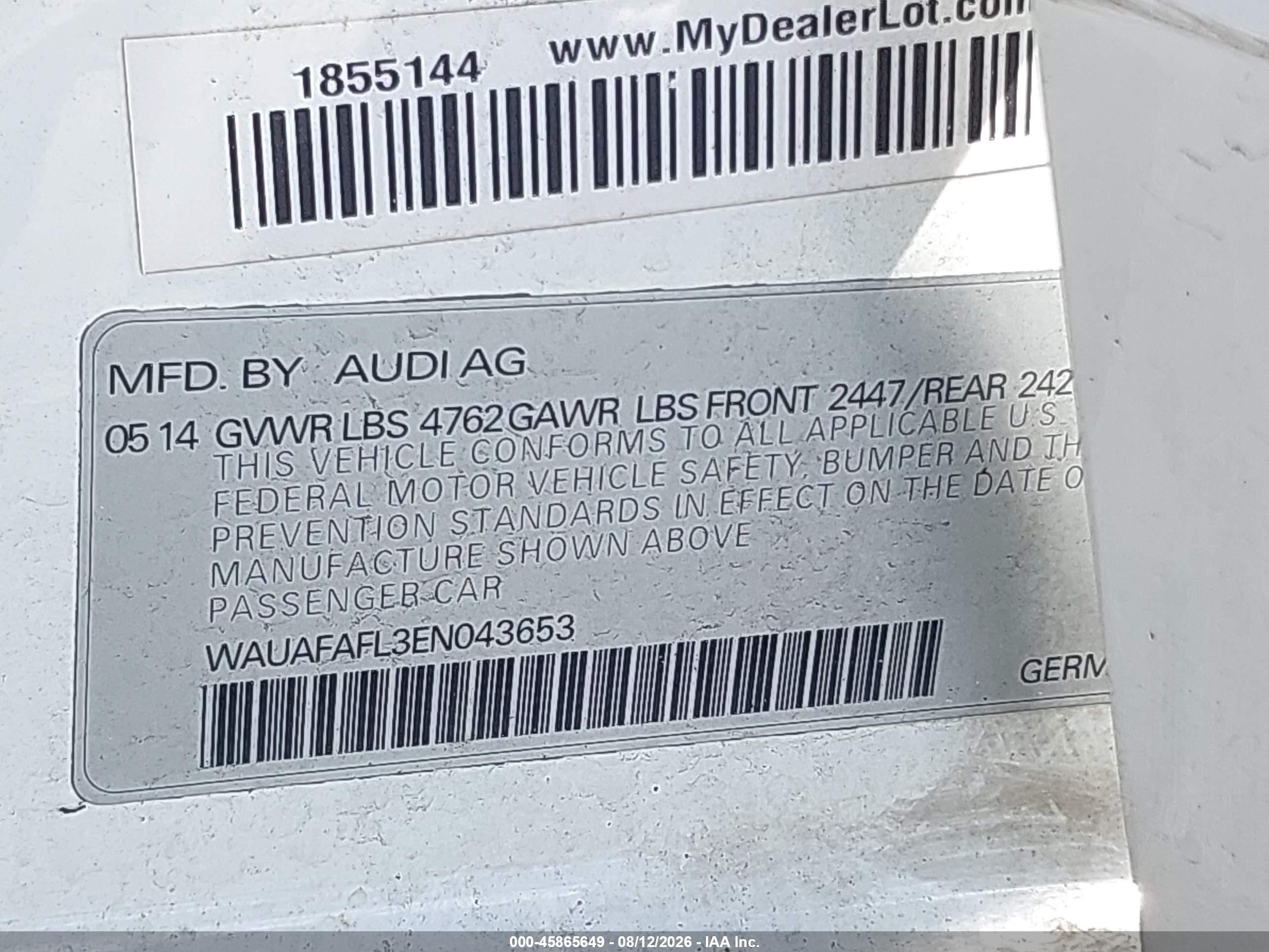 2014 Audi A4 2.0t Premium White vin: WAUAFAFL3EN043653