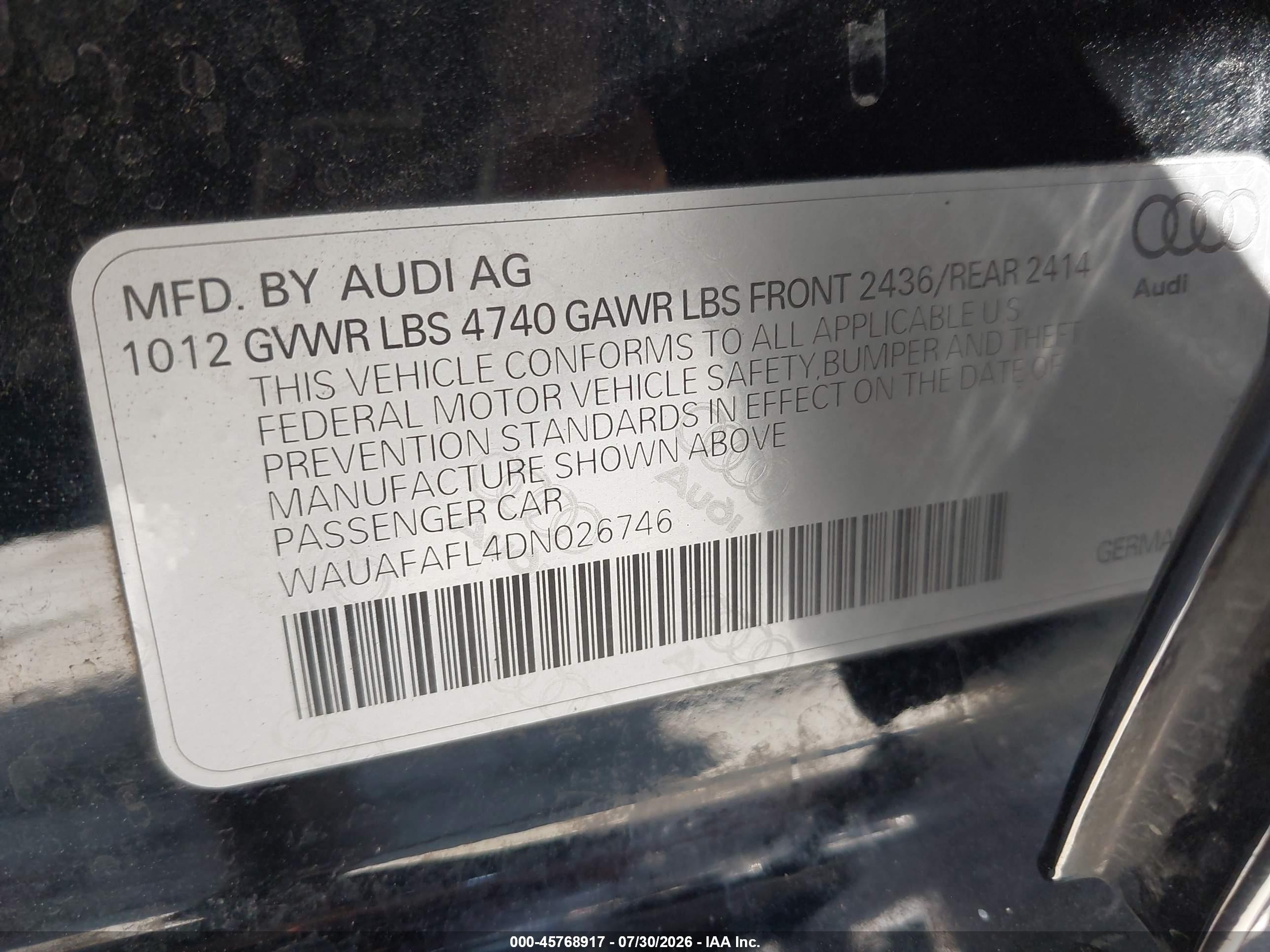 2013 Audi A4 2.0t Premium Black vin: WAUAFAFL4DN026746