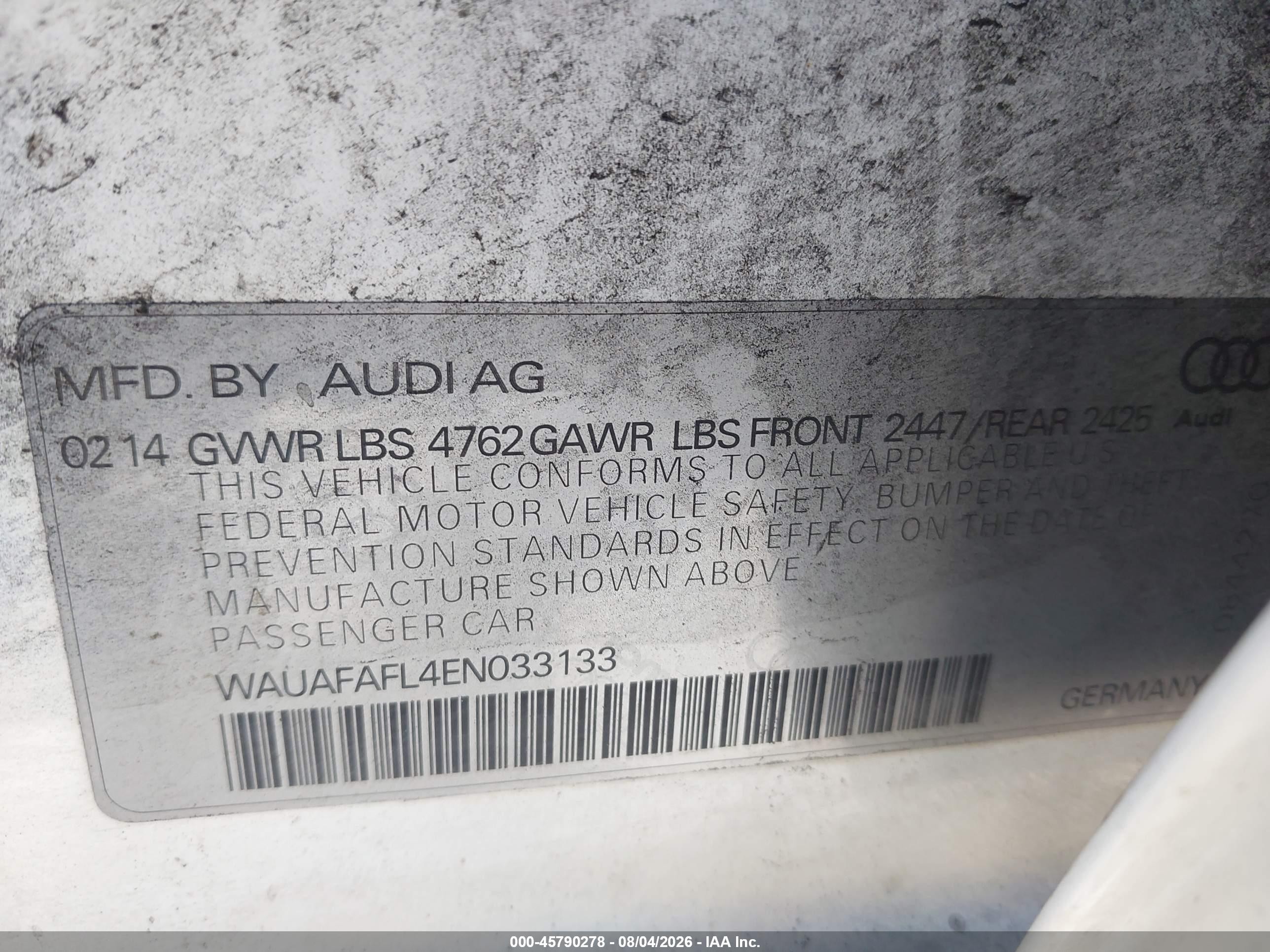 2014 Audi A4 2.0t Premium White vin: WAUAFAFL4EN033133
