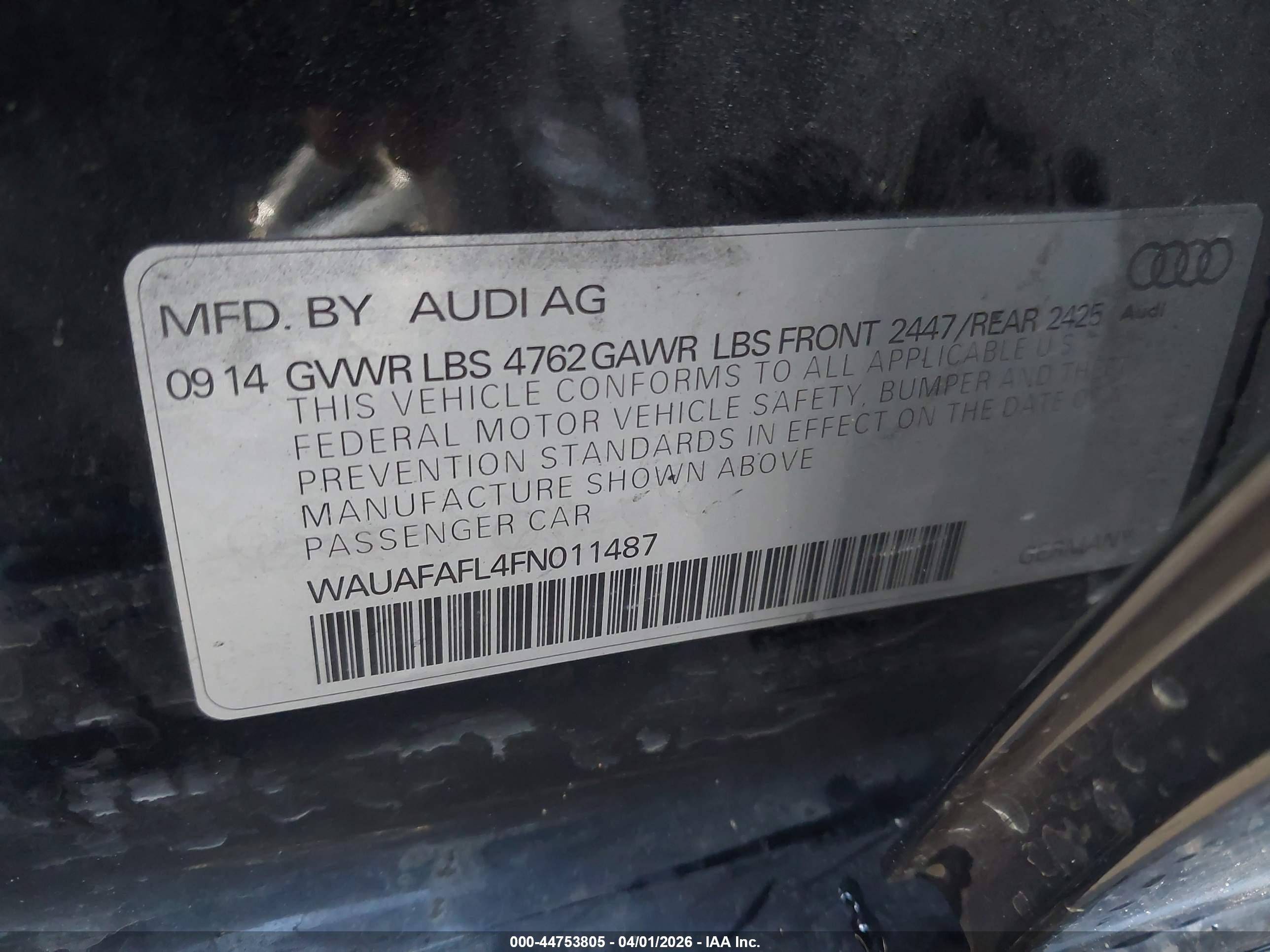 2015 Audi A4 2.0t Premium Black vin: WAUAFAFL4FN011487