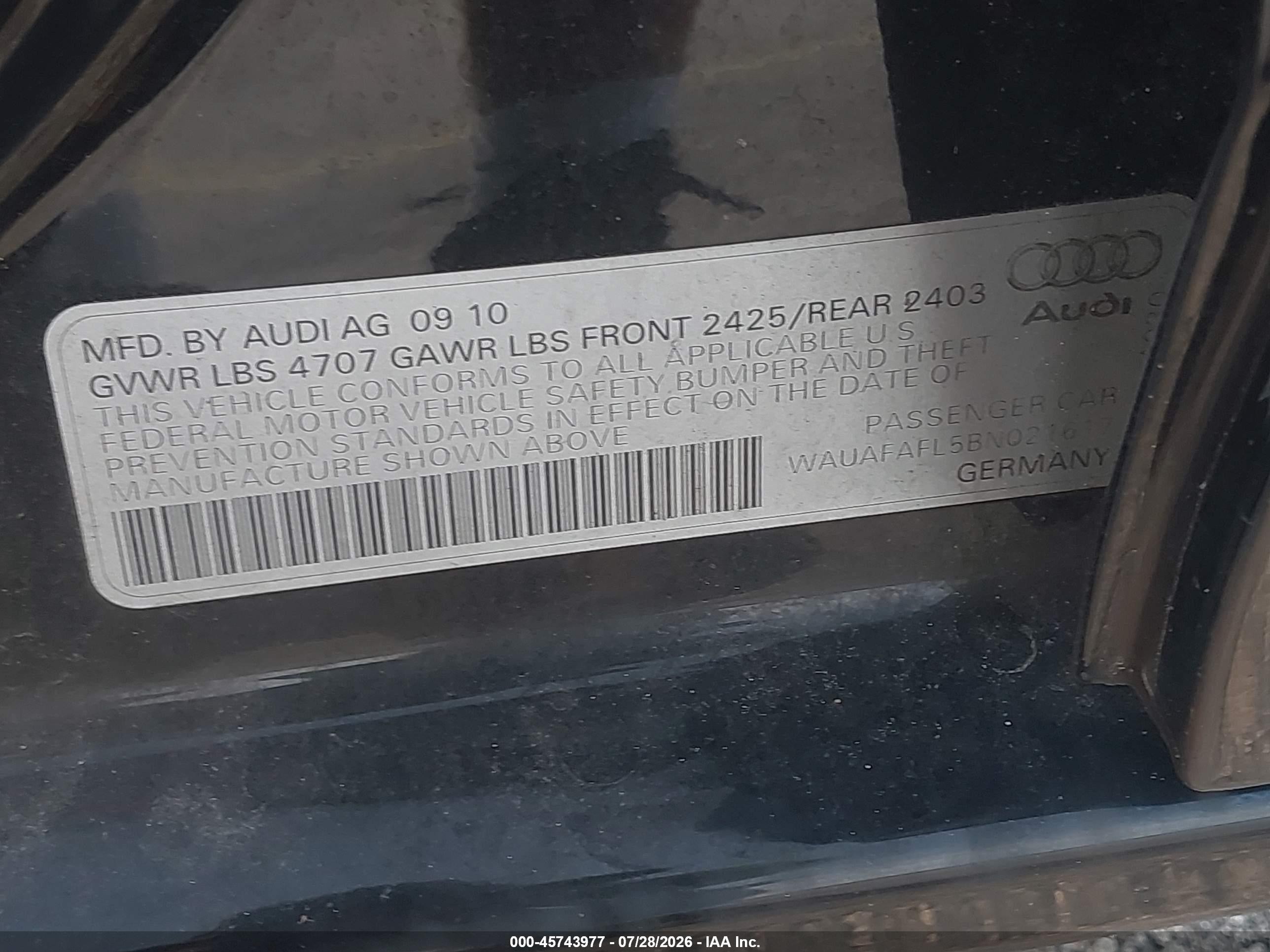 2011 Audi A4 2.0t Premium Black vin: WAUAFAFL5BN021617