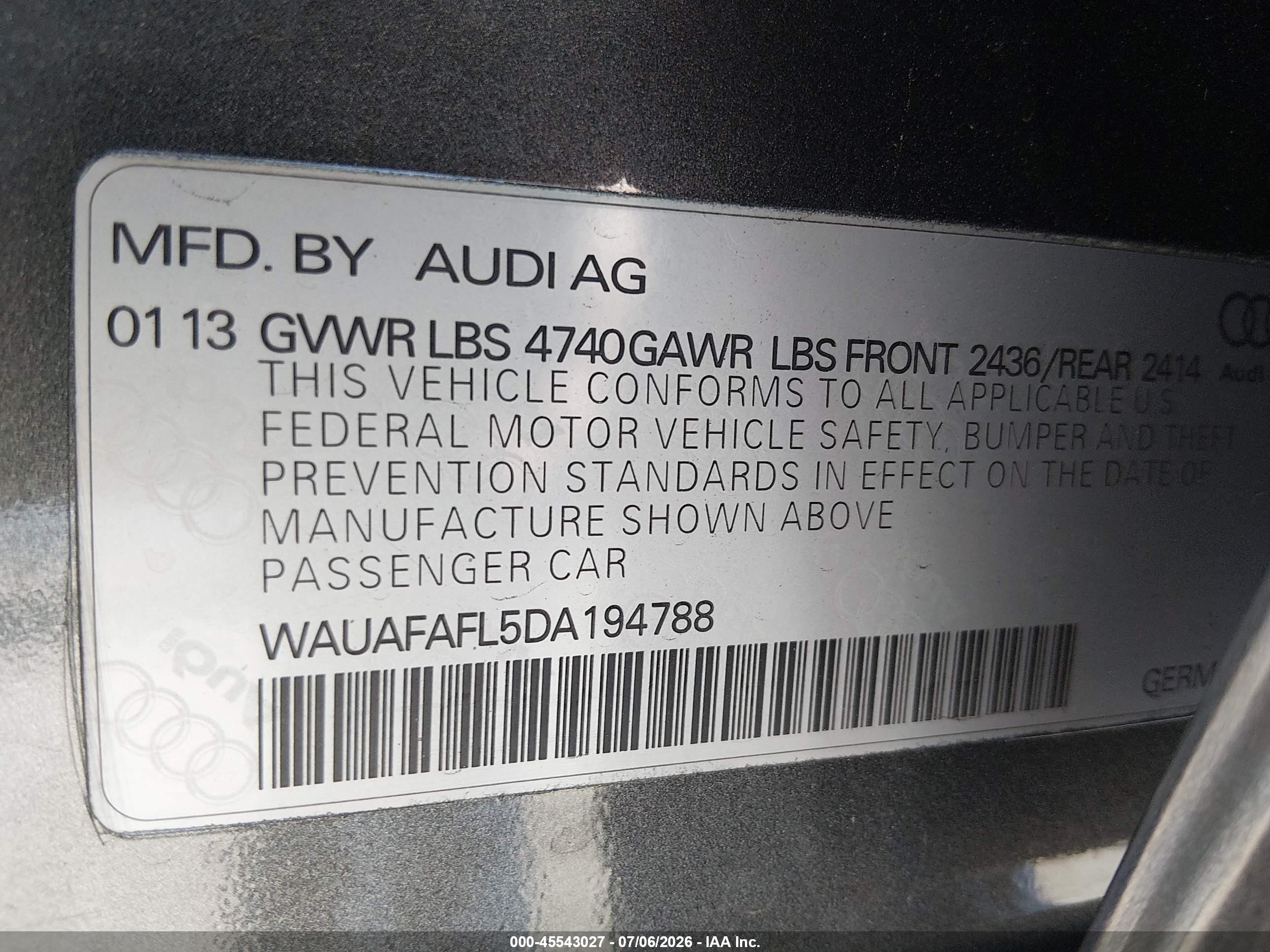2013 Audi A4 2.0t Premium Gray vin: WAUAFAFL5DA194788