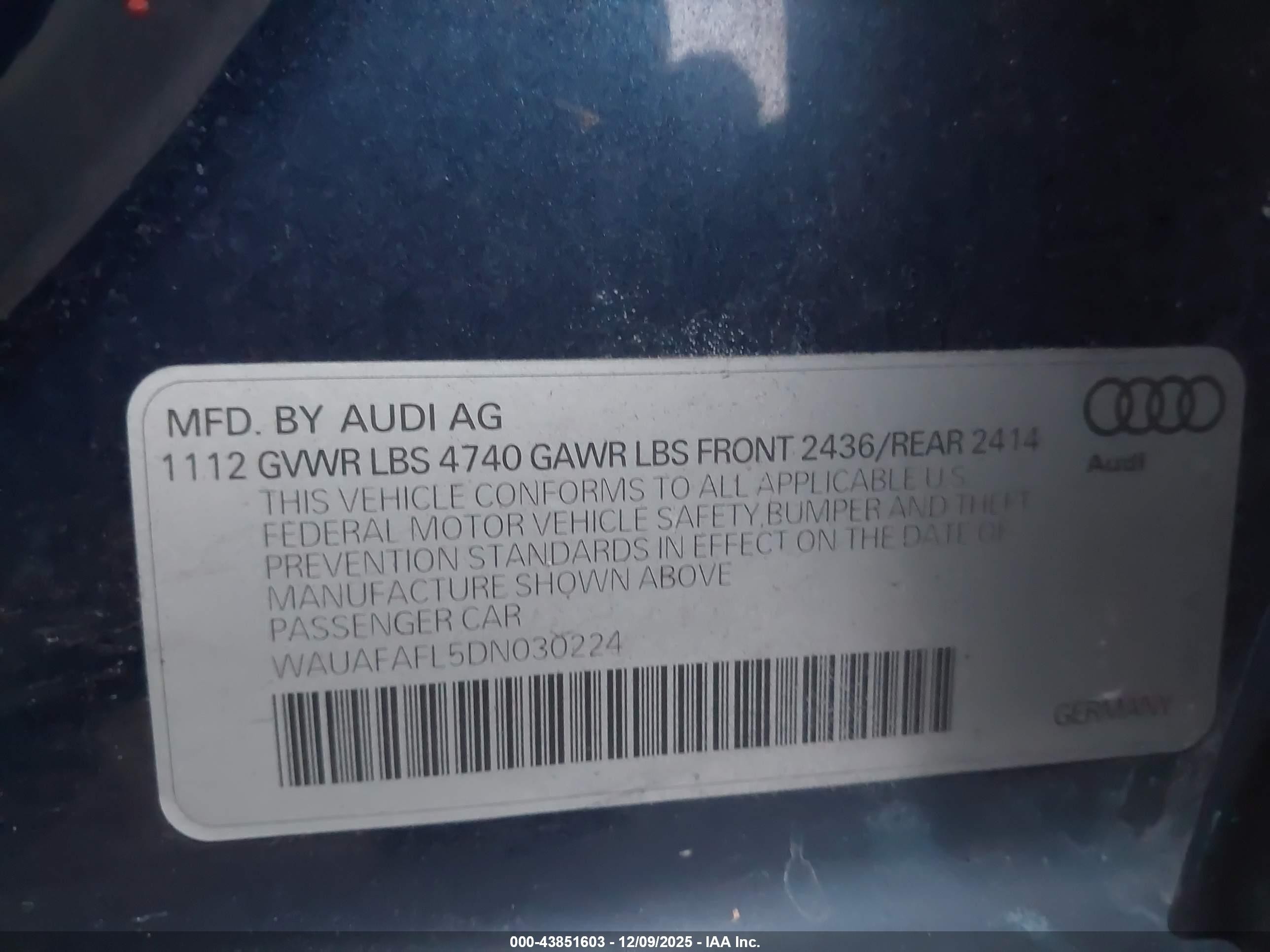 2013 Audi A4 2.0t Premium Blue vin: WAUAFAFL5DN030224