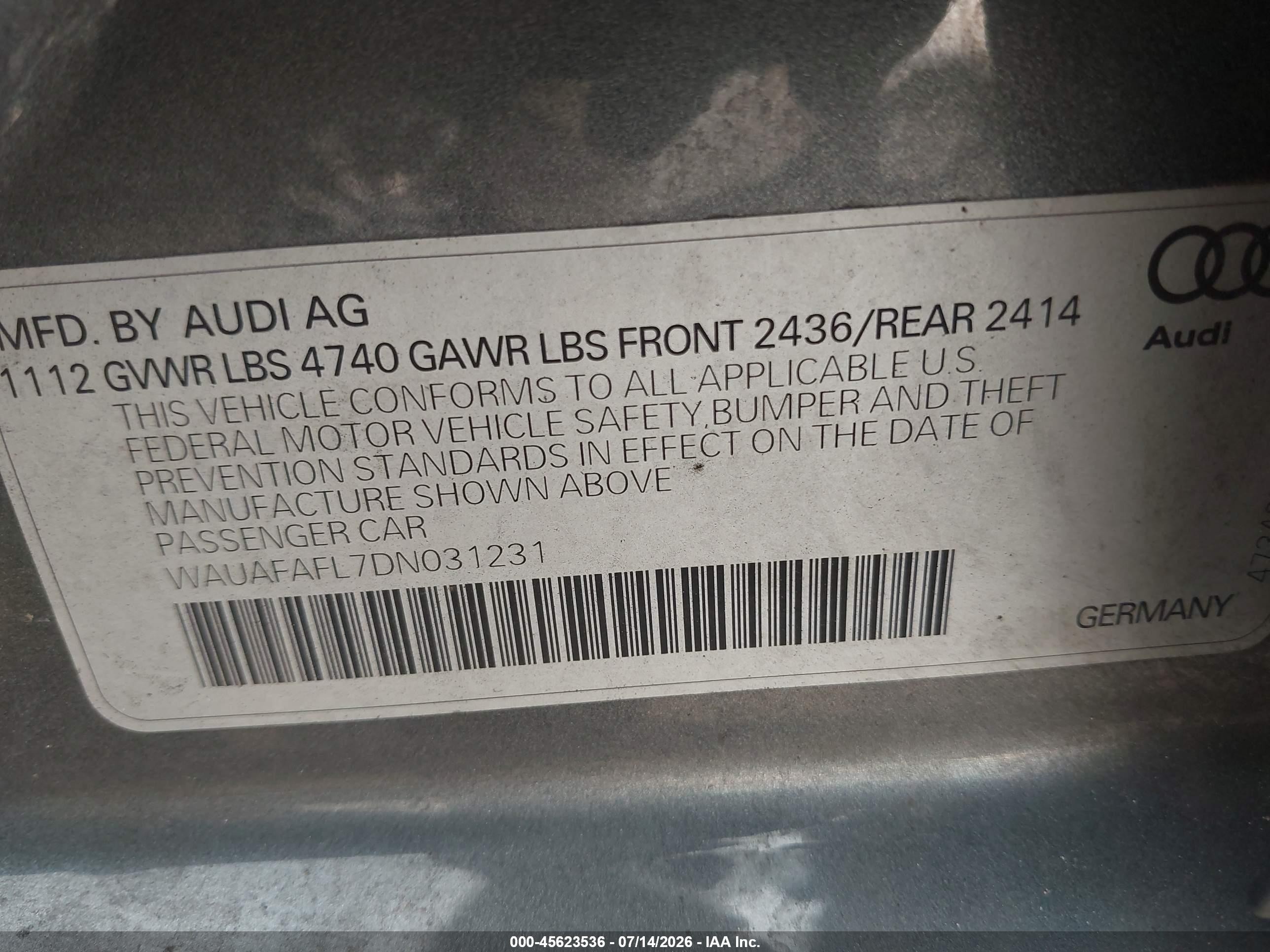 2013 Audi A4 2.0t Premium Gray vin: WAUAFAFL7DN031231