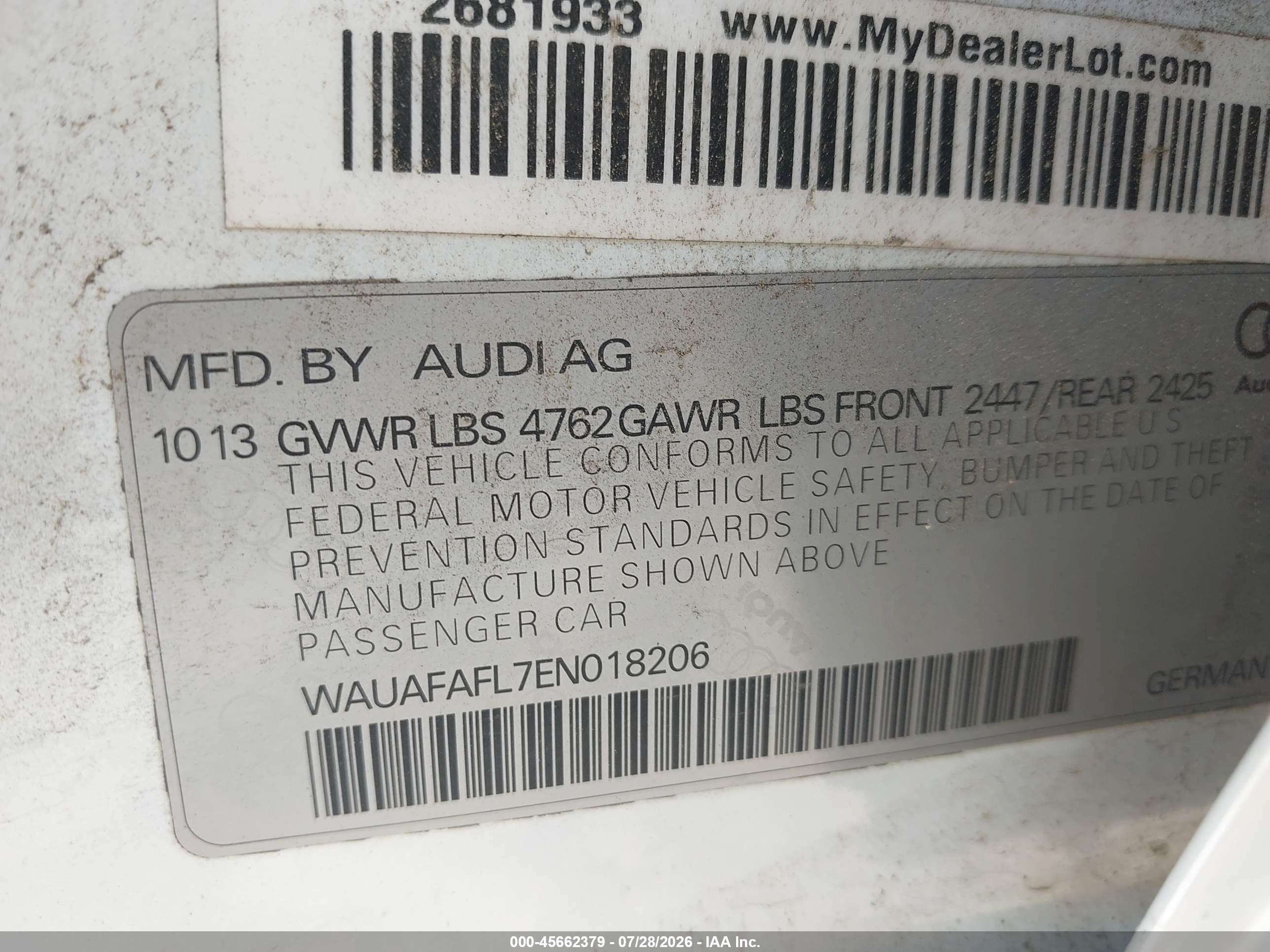 2014 Audi A4 2.0t Premium White vin: WAUAFAFL7EN018206