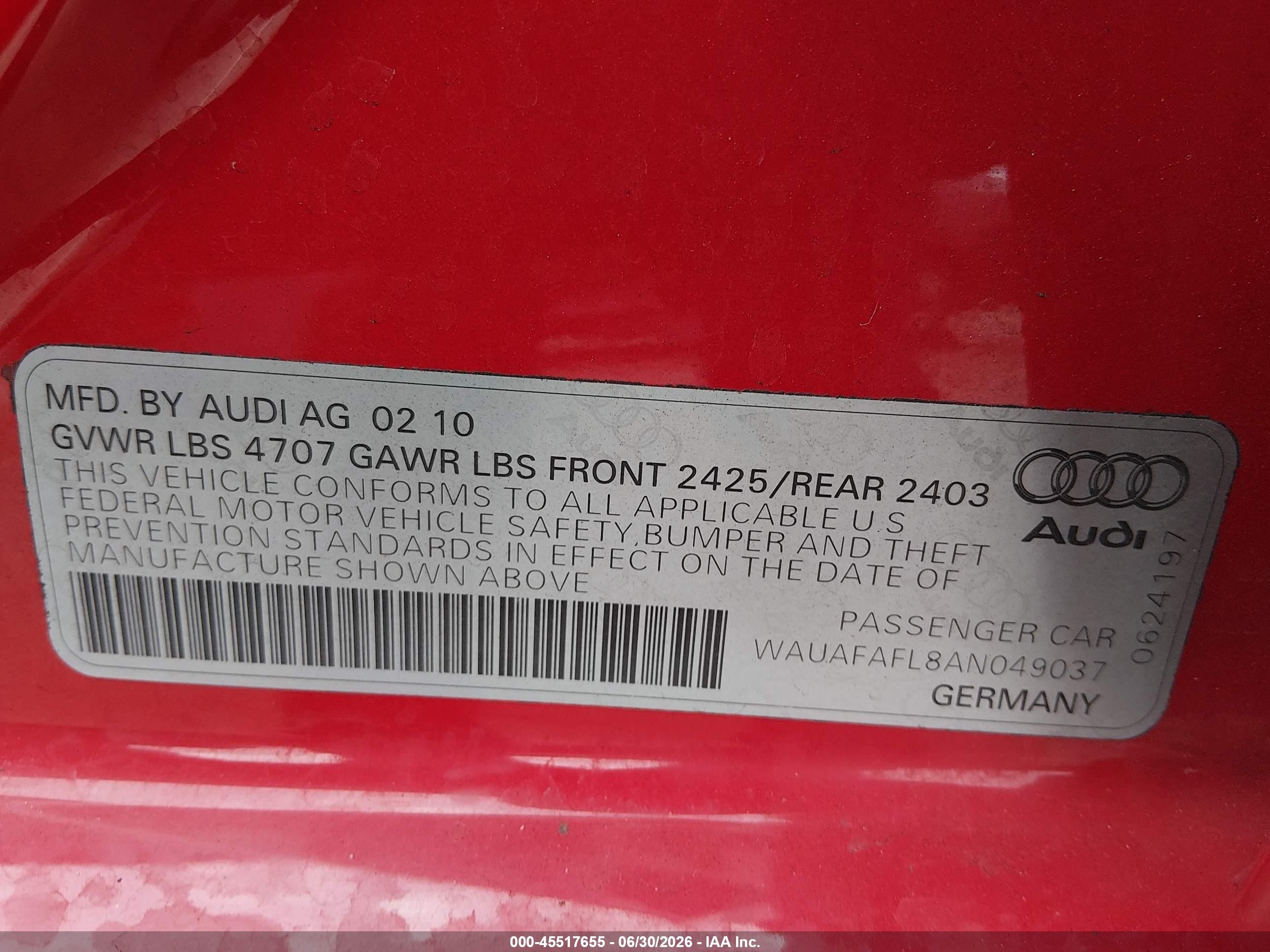 2010 Audi A4 2.0t Premium Red vin: WAUAFAFL8AN049037