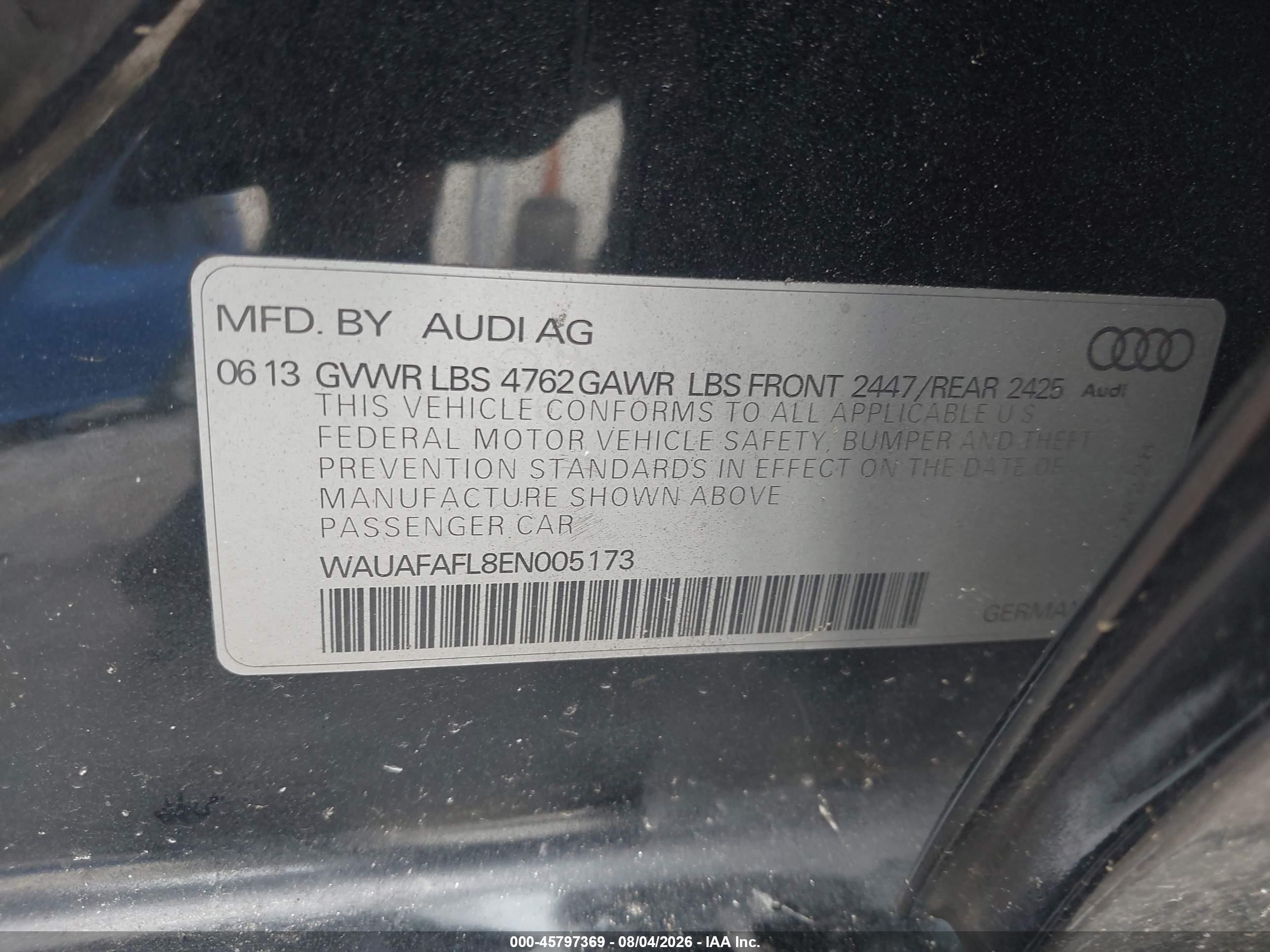2014 Audi A4 2.0t Premium Black vin: WAUAFAFL8EN005173