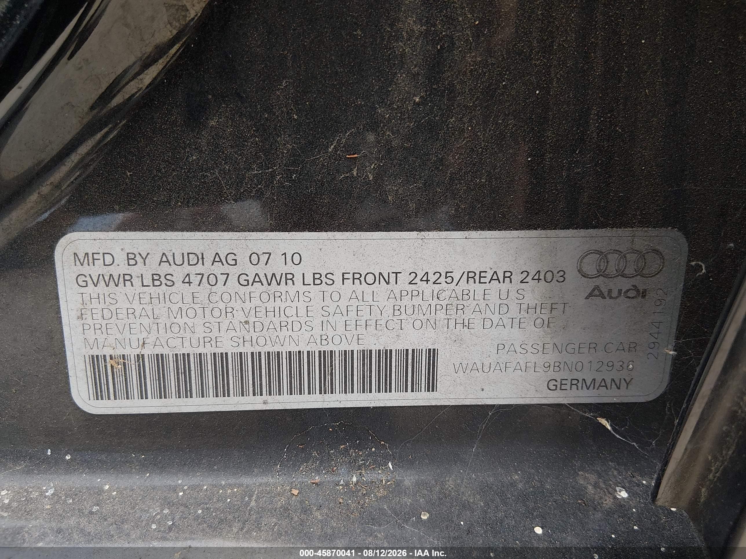 2011 Audi A4 2.0t Premium Black vin: WAUAFAFL9BN012936