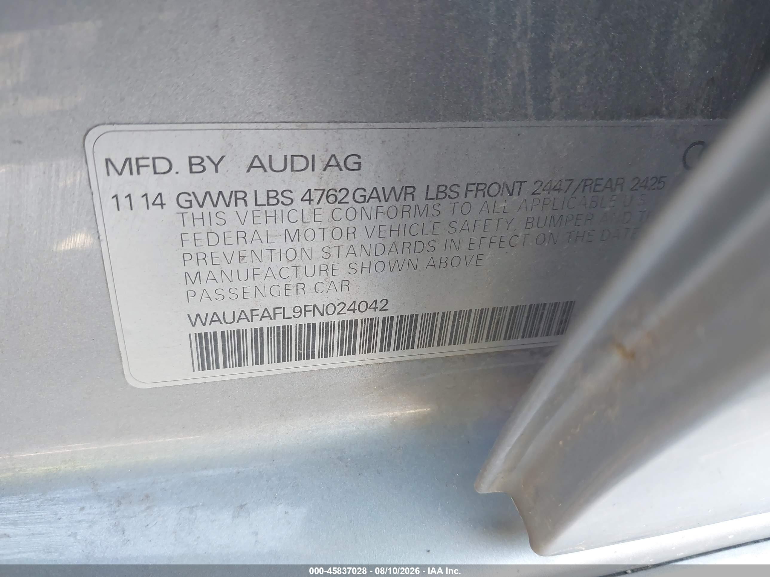 2015 Audi A4 2.0t Premium Gray vin: WAUAFAFL9FN024042