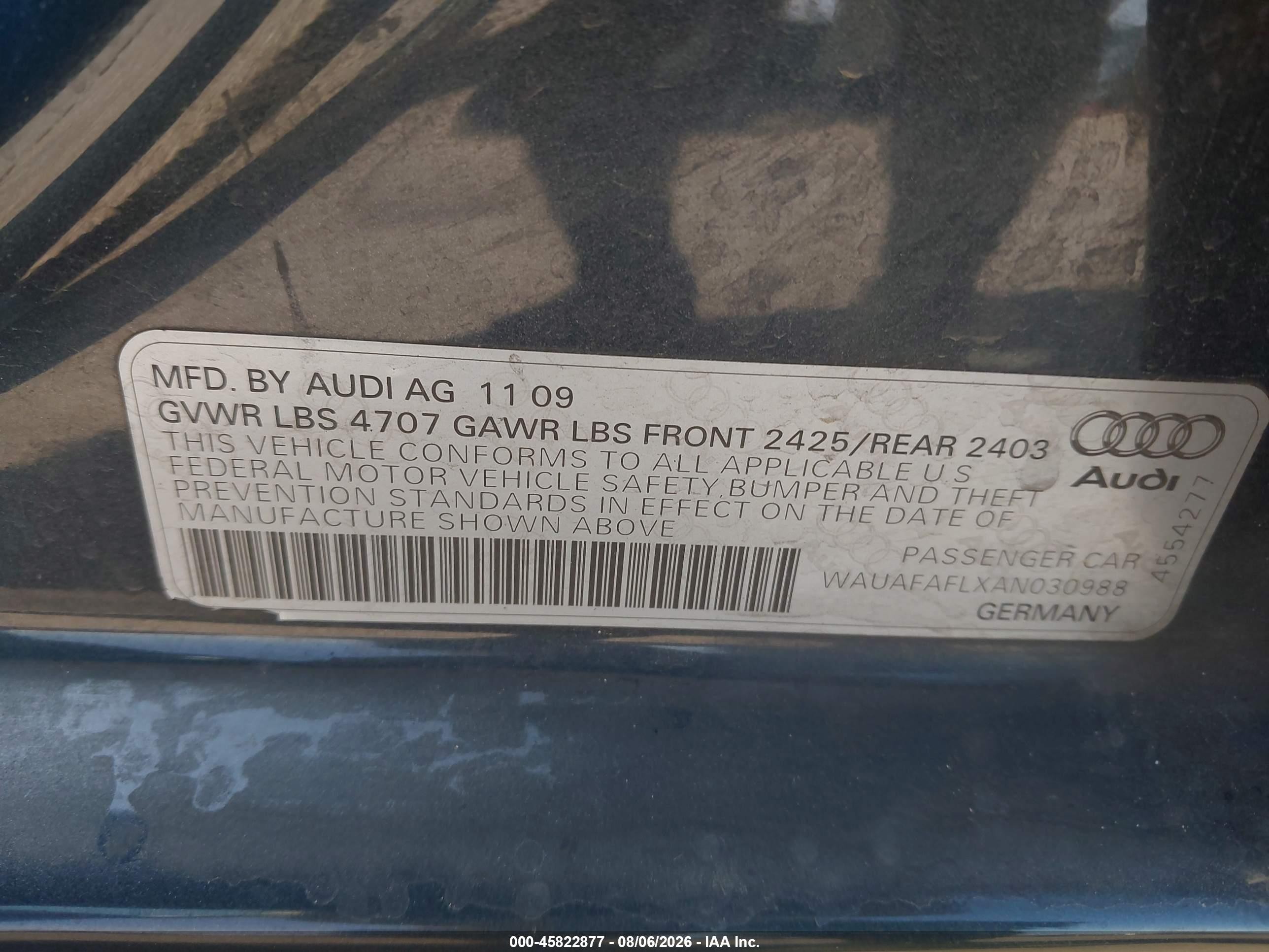 2010 Audi A4 2.0t Premium Серый vin: WAUAFAFLXAN030988