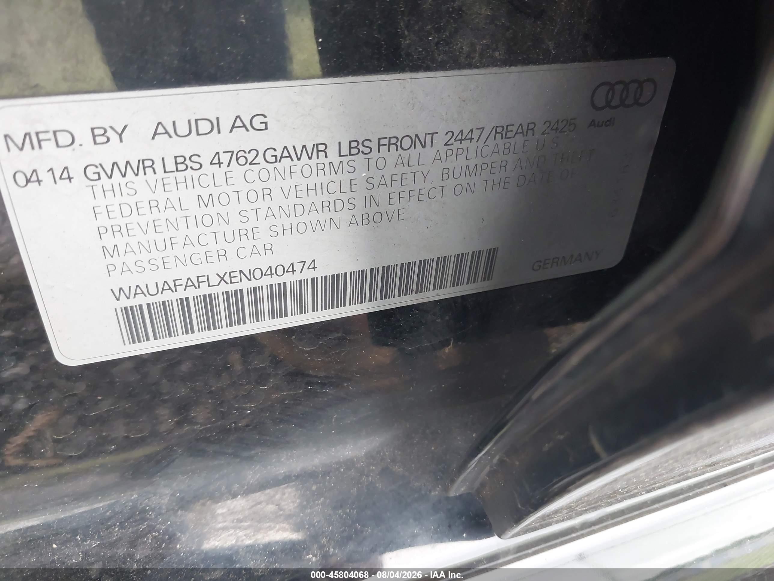 2014 Audi A4 2.0t Premium Black vin: WAUAFAFLXEN040474