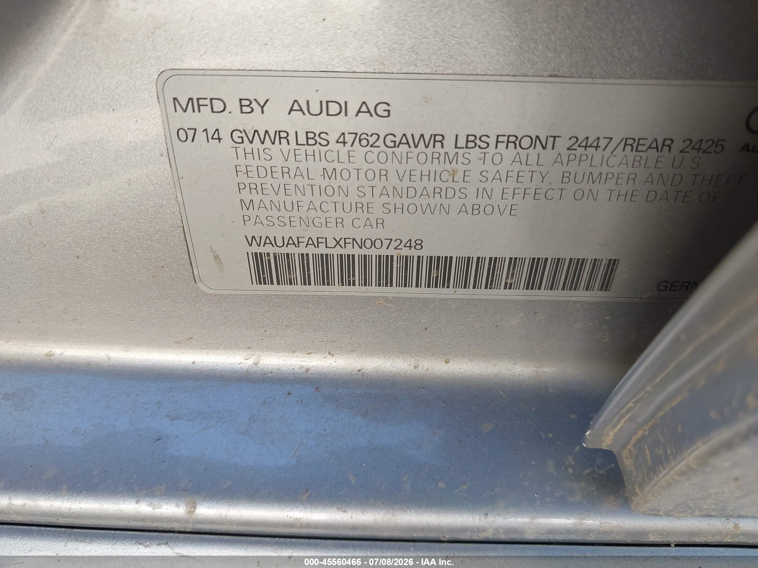 2015 Audi A4 2.0t Premium Silver vin: WAUAFAFLXFN007248