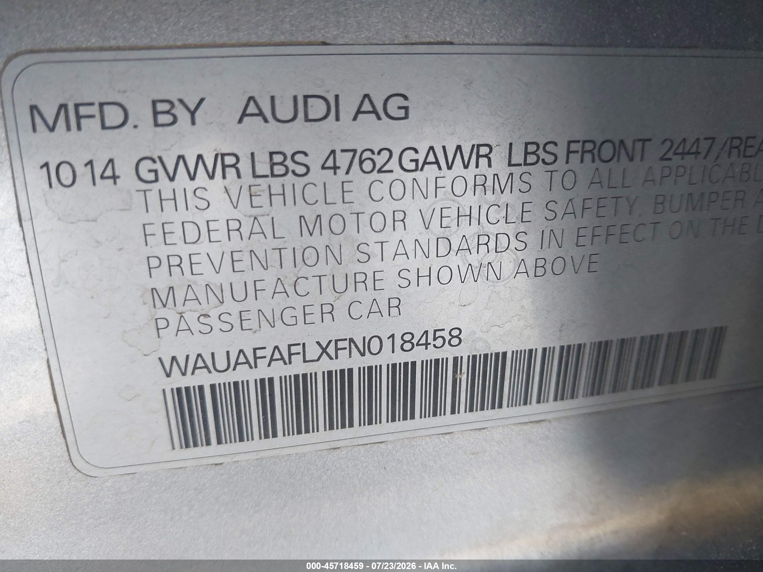 2015 Audi A4 2.0t Premium Silver vin: WAUAFAFLXFN018458