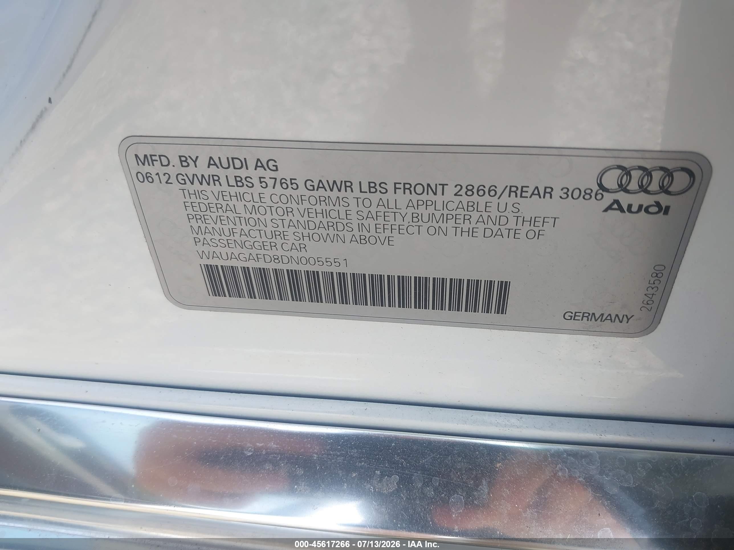 2013 Audi A8 3.0t White vin: WAUAGAFD8DN005551
