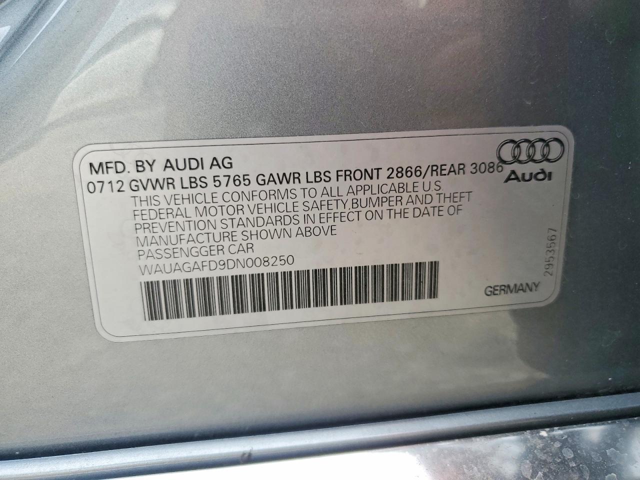 2013 Audi A8 Quattro Gray vin: WAUAGAFD9DN008250