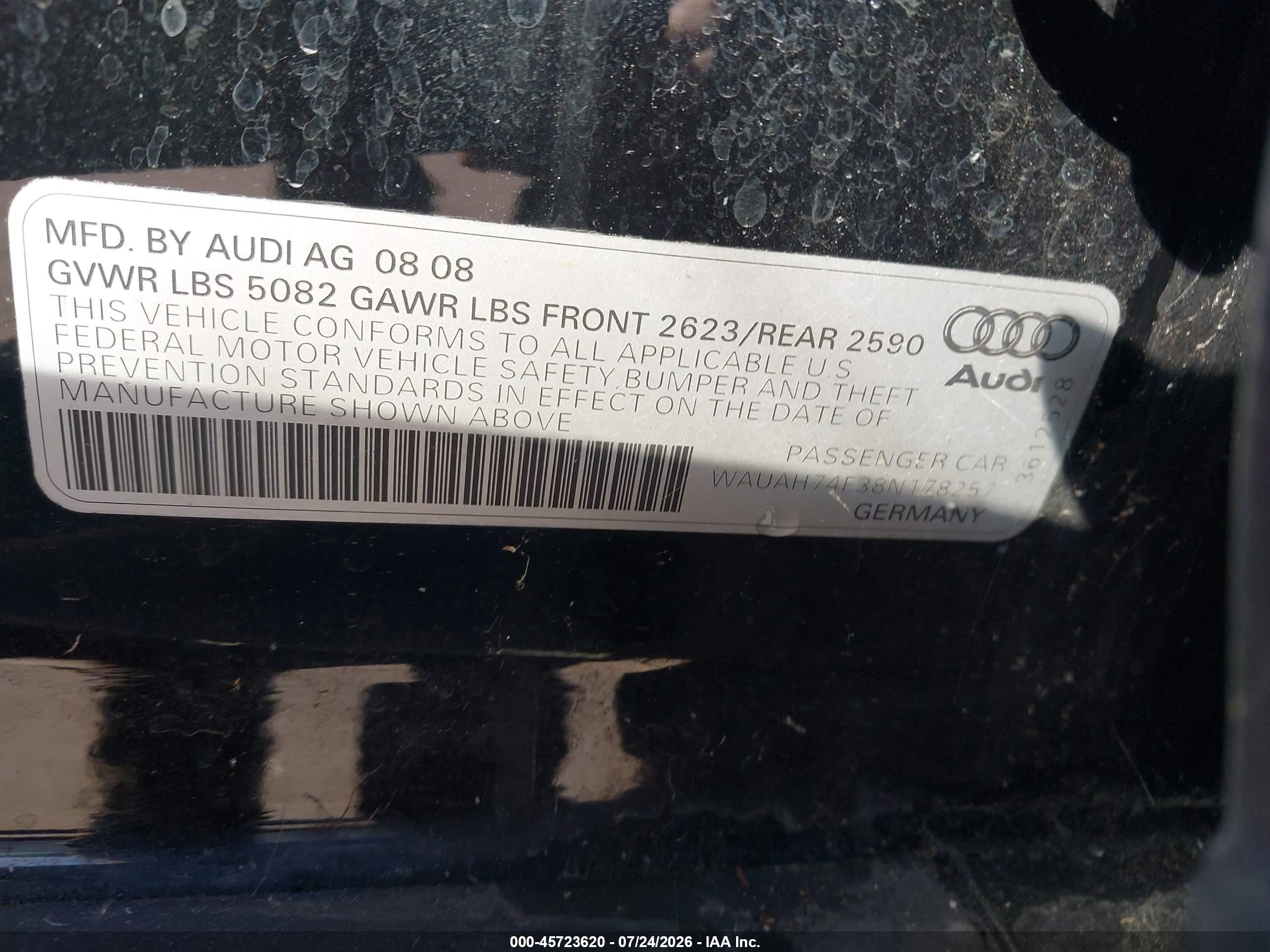 2008 Audi A6 3.2 Black vin: WAUAH74F38N178257