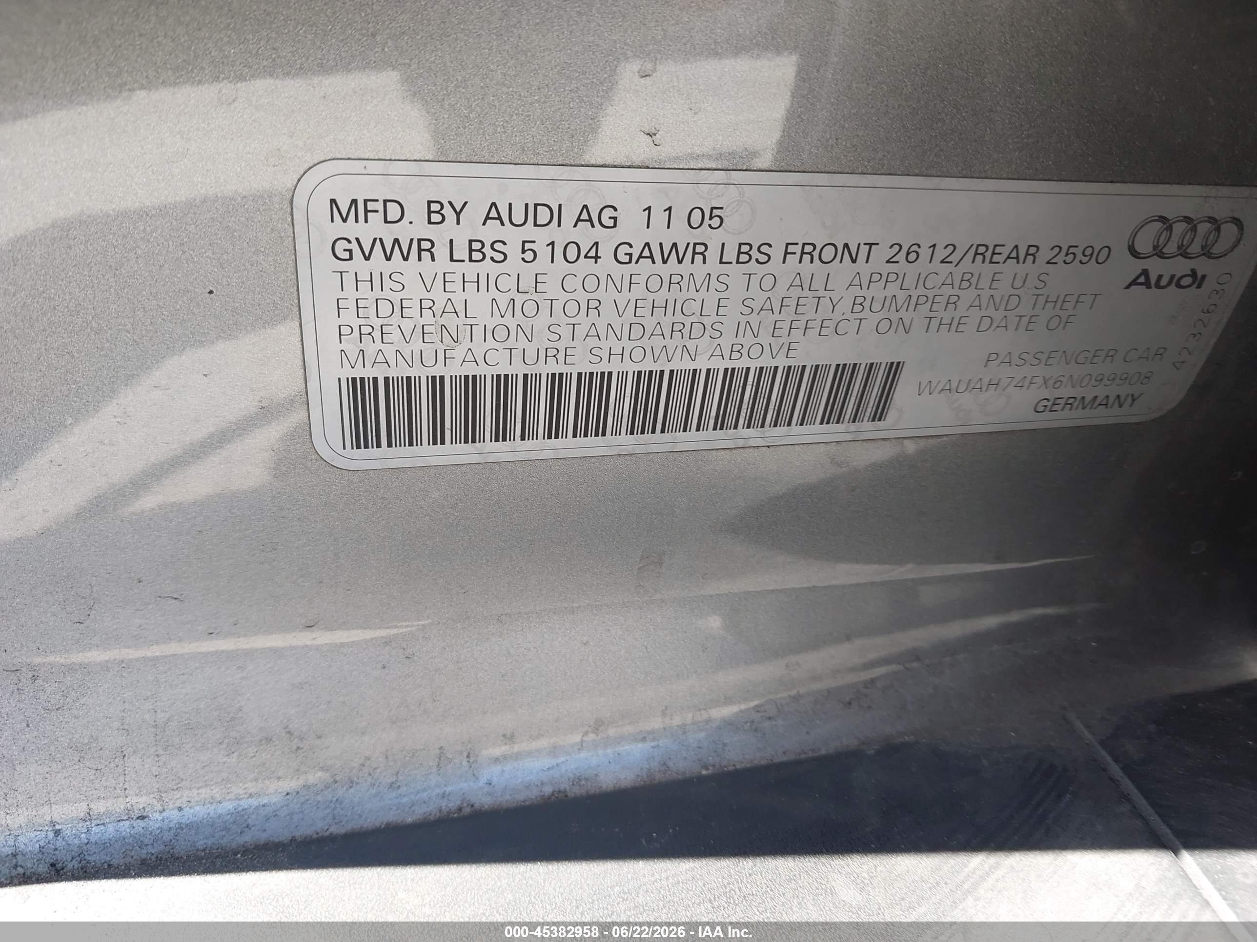 2006 Audi A6 3.2 Серебряный vin: WAUAH74FX6N099908
