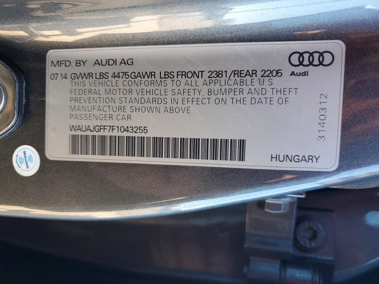 2015 Audi A3 Gray vin: WAUAJGFF7F1043255