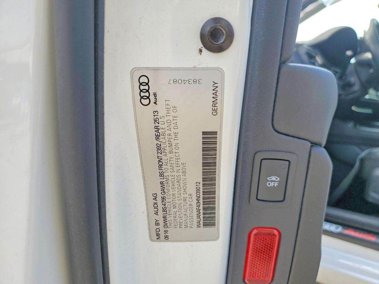2017 Audi A4 Premium White vin: WAUANAF40HN039012